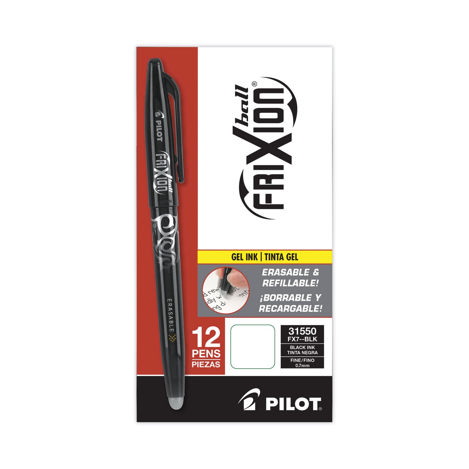 FriXion Gel Pens - 0.7 mm Fine Pen Point - Erasable - Black Ink - Gel-based - Black Barrel - Document, Writing - 1 Dozen