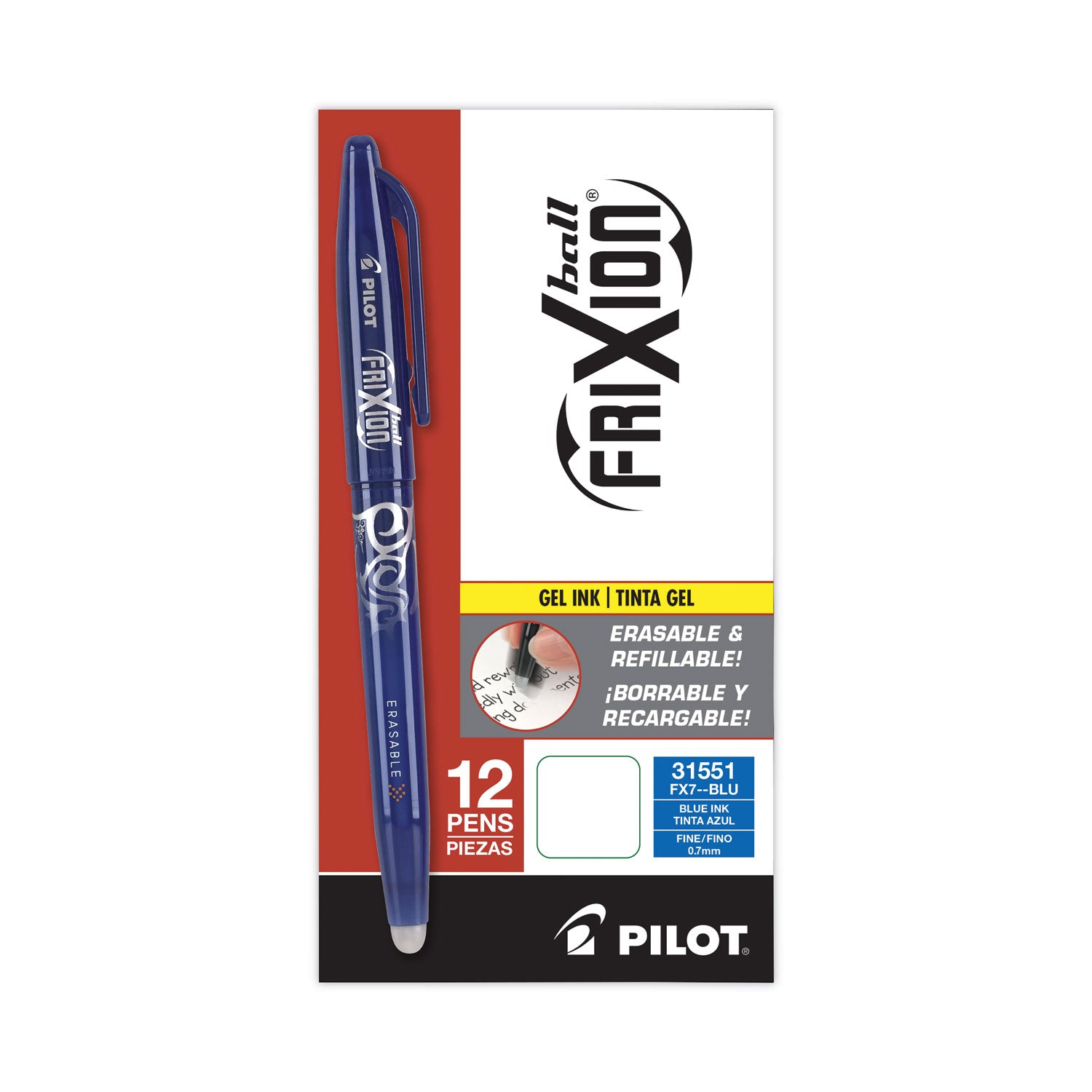 FriXion Gel Pens - 0.7 mm Fine Pen Point - Erasable - Blue Ink - Gel-based - Blue Barrel - Document, Writing - 1 Dozen
