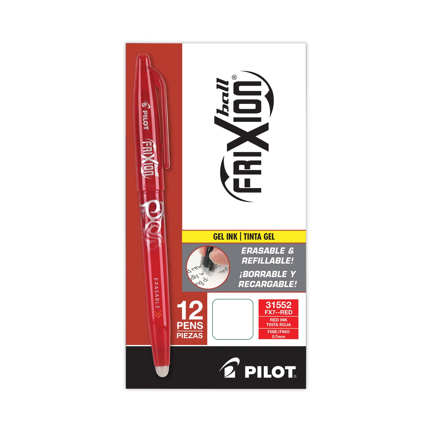 FriXion Gel Pens - 0.7 mm Fine Pen Point - Erasable - Red Ink - Gel-based - Red Barrel - Document, Writing - 1 Dozen