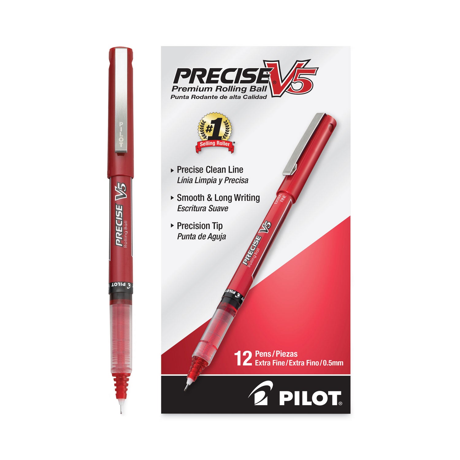 Pilot Precise V5 Extra-Fine Premium Capped Rolling Ball Pens - 0.5 mm Extra Fine Pen Point - Red Ink - Red Plastic Barrel - 1 Dozen