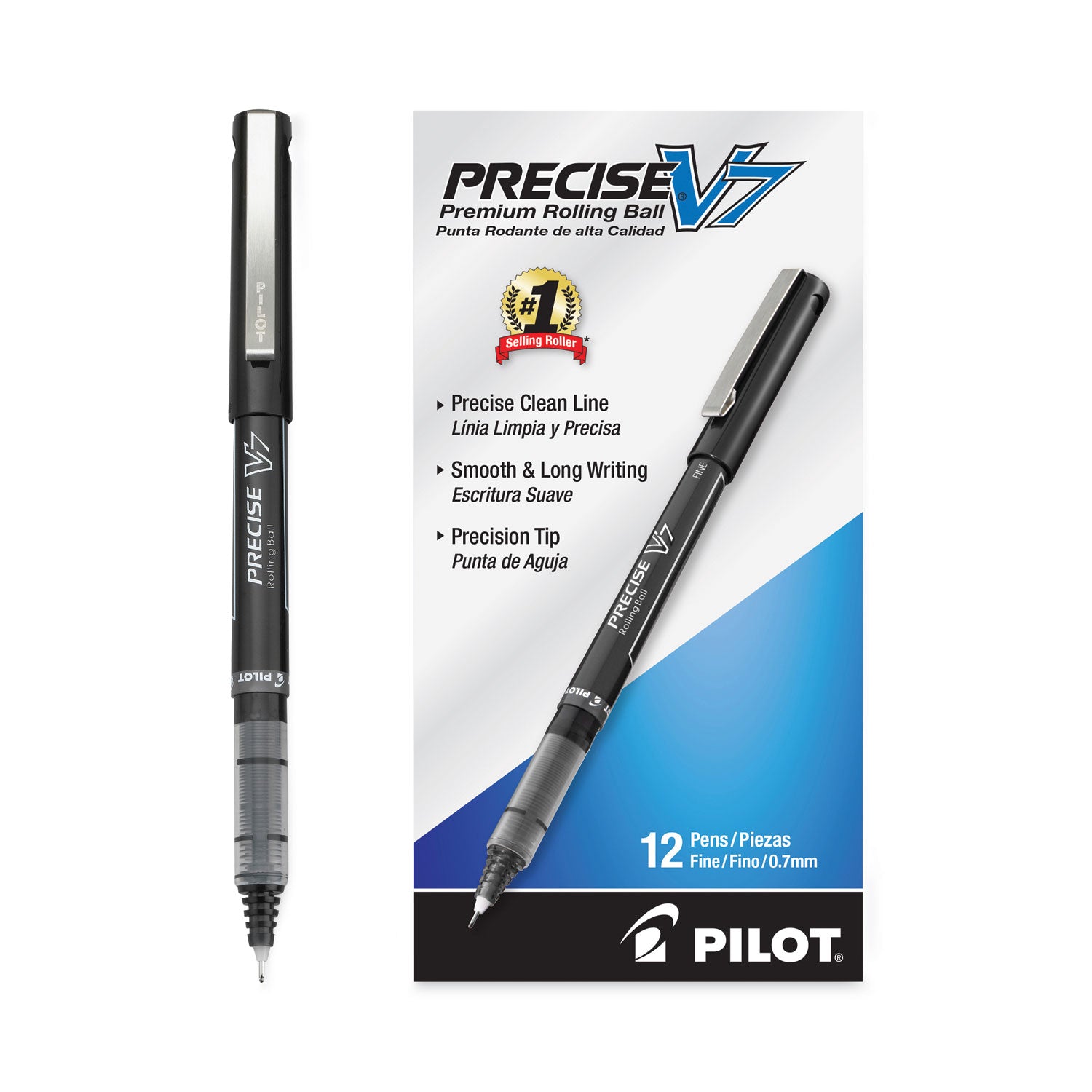 Pilot Precise V7 Fine Premium Capped Rolling Ball Pens - 0.7 mm Fine Pen Point - Black Ink - Black Plastic Barrel - 1 Dozen