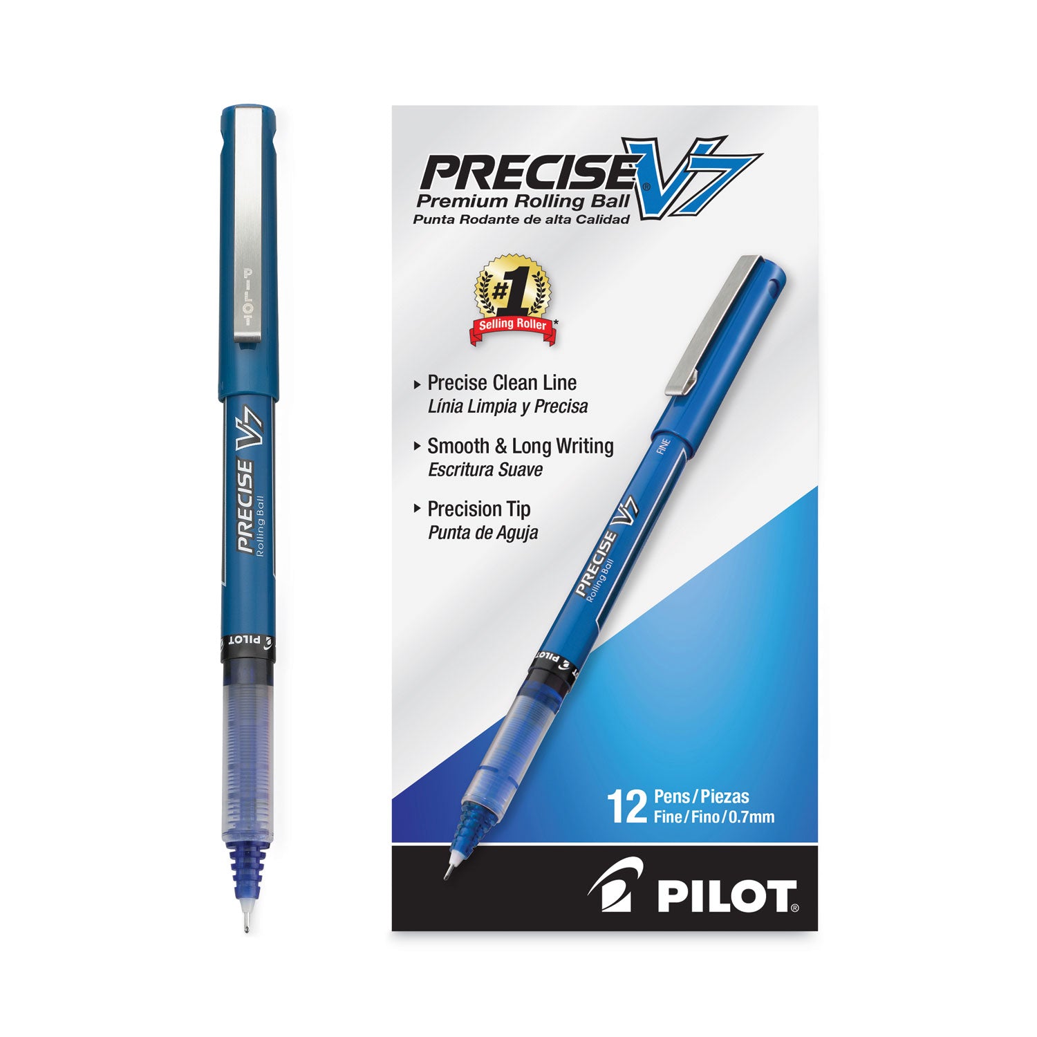 Pilot Precise V7 Fine Premium Capped Rolling Ball Pens - 0.7 mm Fine Pen Point - Blue Ink - Blue Plastic Barrel - 1 Dozen