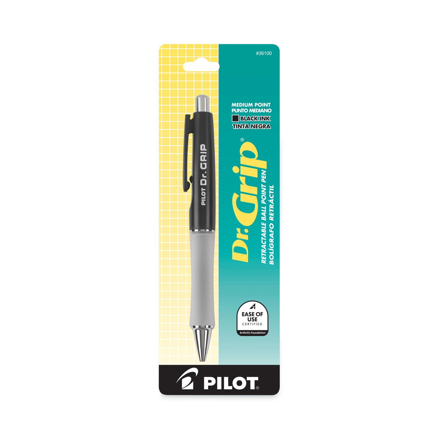 Pilot Dr. Grip Retractable Ballpoint Pens - 1 mm Medium Pen Point - Refillable - Retractable - Black Ink - Black Barrel - 1 Each