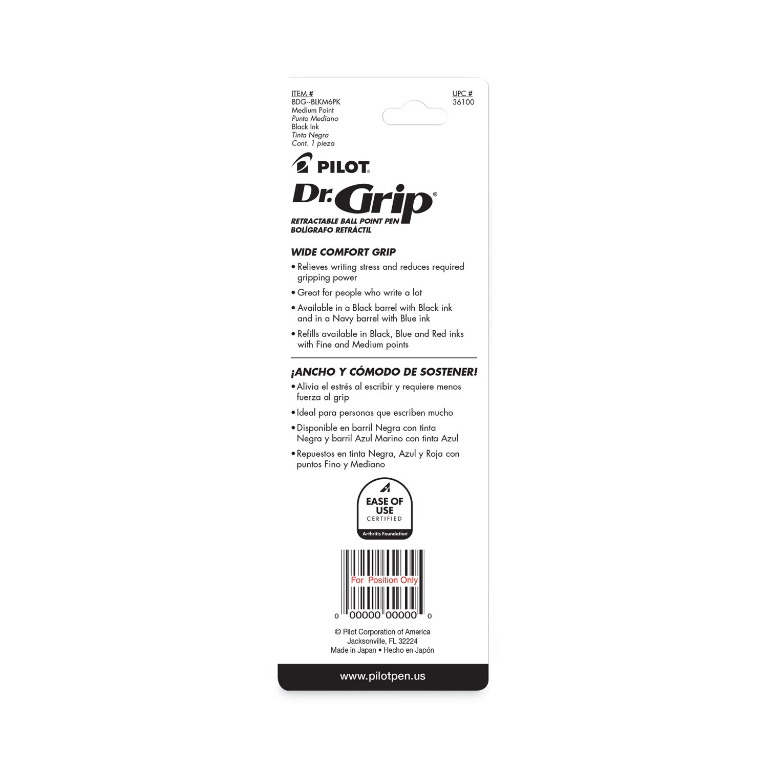 Pilot Dr. Grip Retractable Ballpoint Pens - 1 mm Medium Pen Point - Refillable - Retractable - Black Ink - Black Barrel - 1 Each