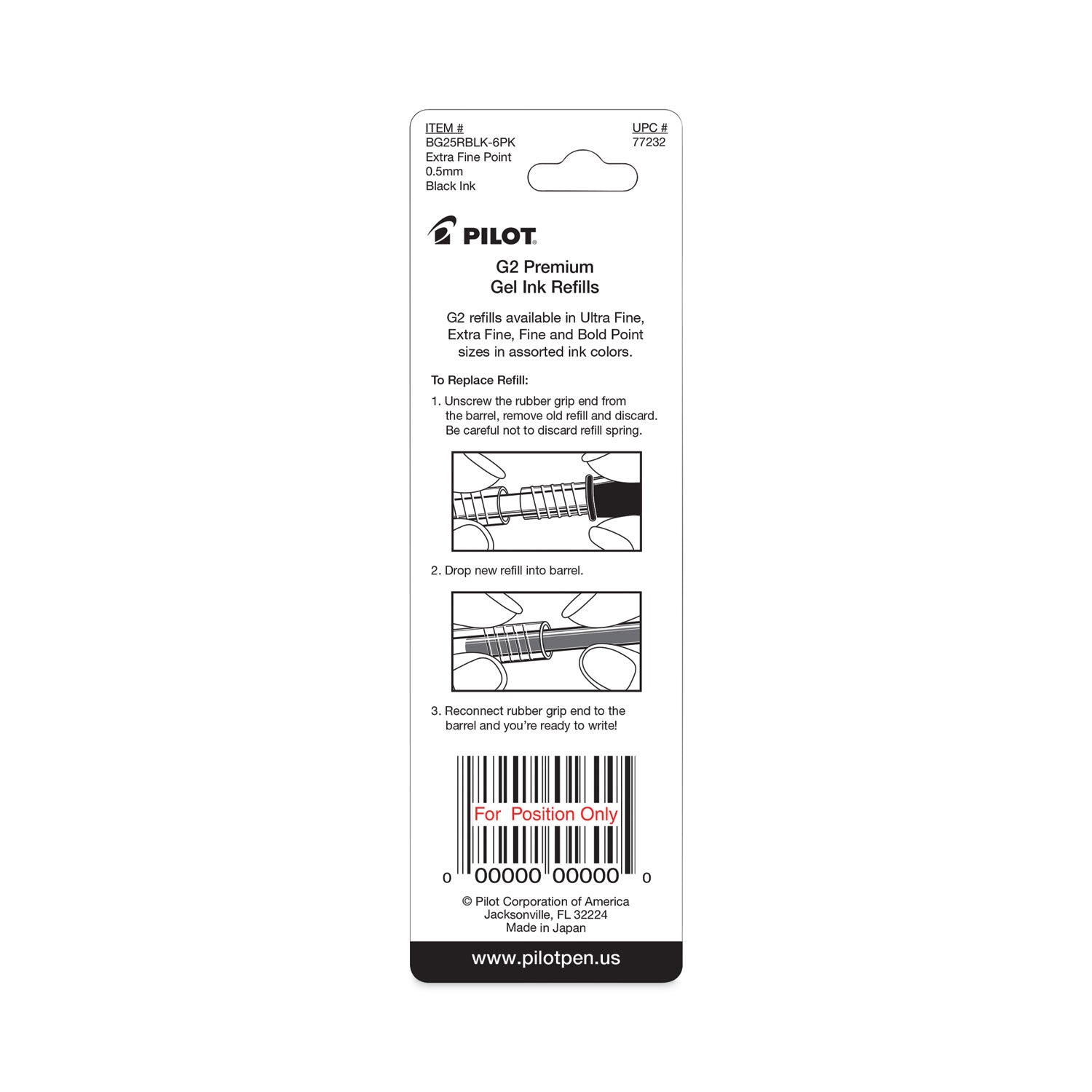 Pilot G2 Premium Gel Ink Pen Refills - 0.50 mm , Extra Fine Point - Black Ink - Smear Proof - 2 / Pack