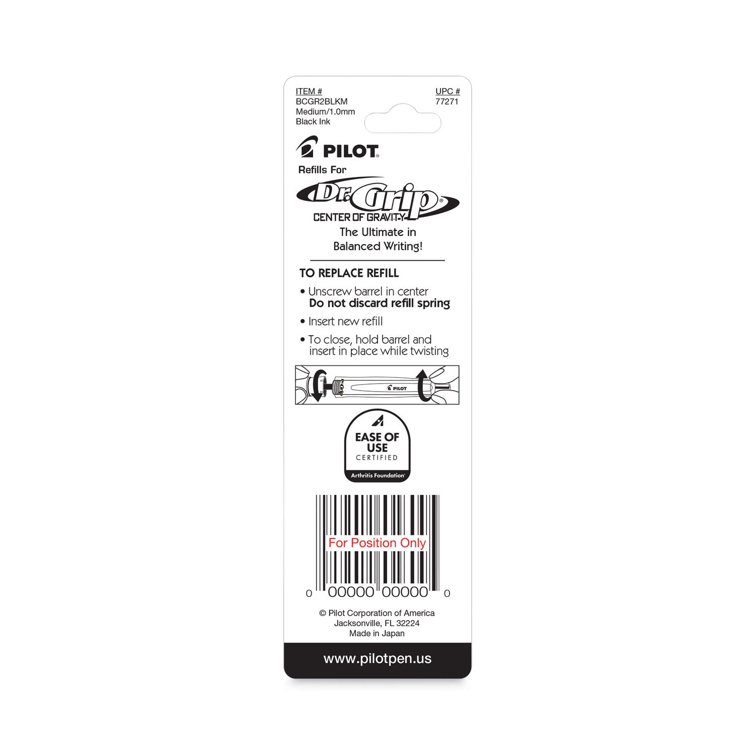 Pilot Dr. Grip Center of Gravity Pen Refills - 1 mm , Medium Point - Black Ink - 2 / Pack