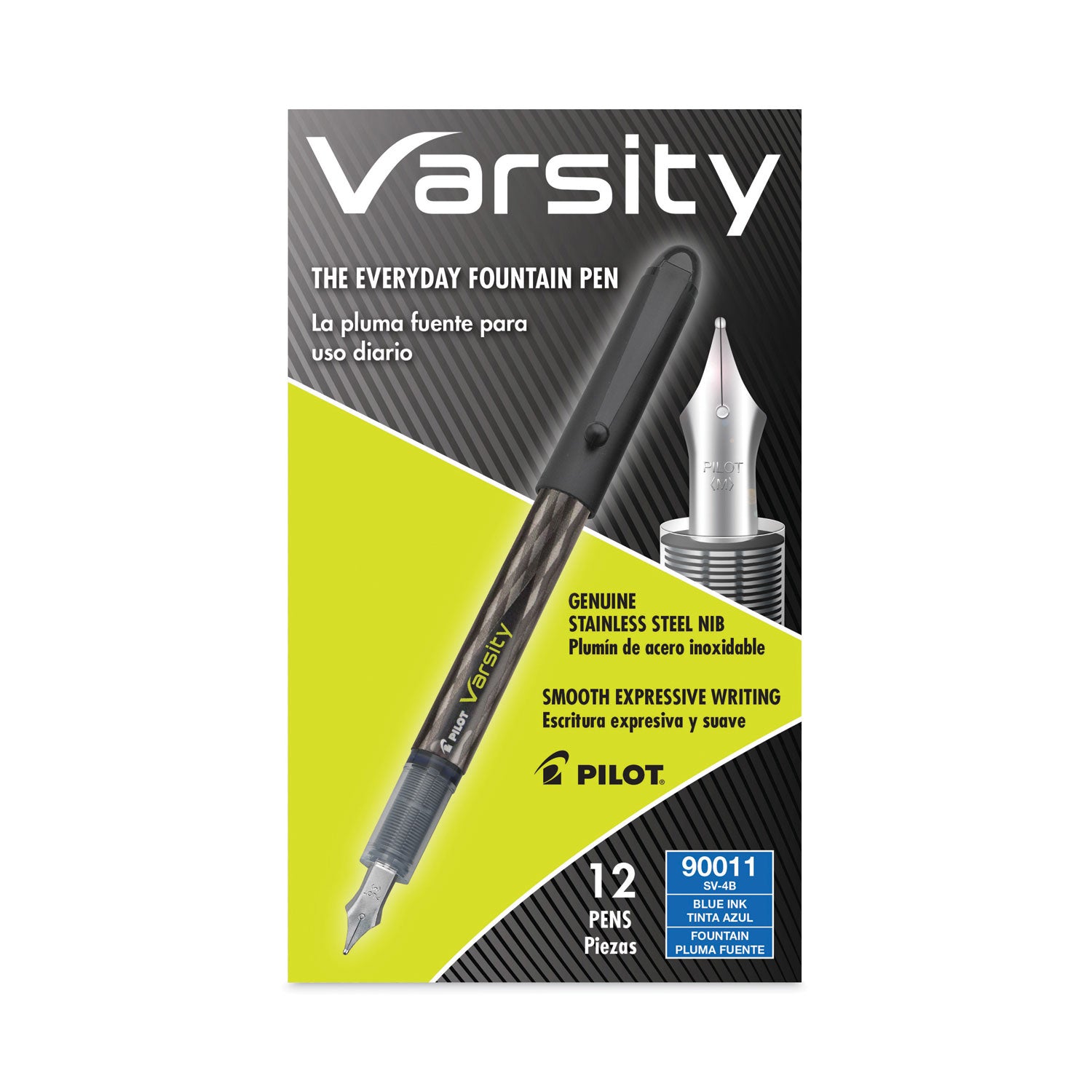 Pilot Varsity Disposable Fountain Pens - Medium Pen Point - Blue Ink - Silver, Black Barrel - 1 Each