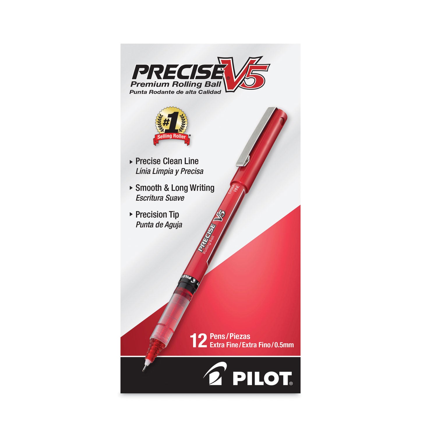 Pilot Precise V5 Extra-Fine Premium Capped Rolling Ball Pens - 0.5 mm Extra Fine Pen Point - Red Ink - Red Plastic Barrel - 1 Dozen