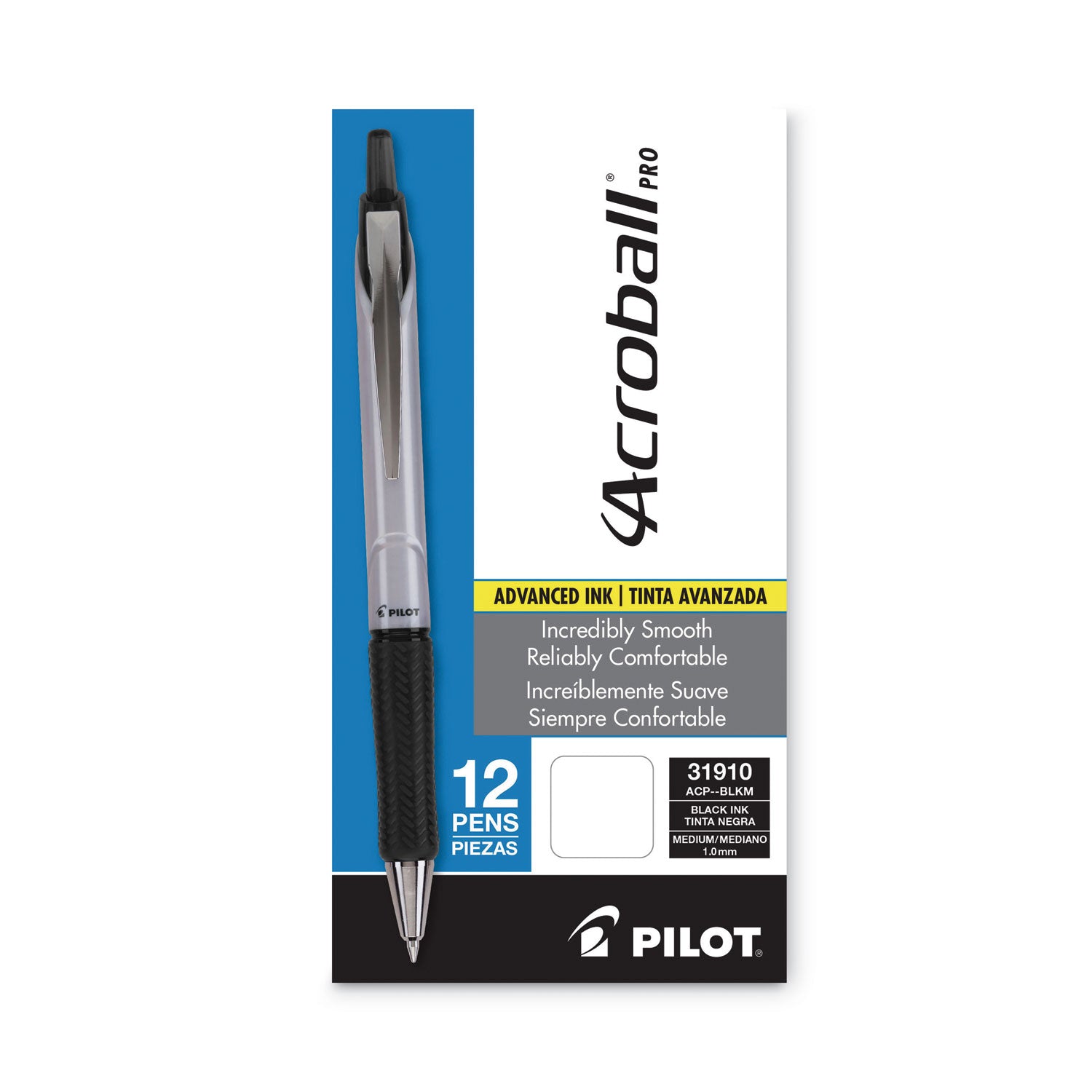 Pilot Hybrid Ink Ballpoint Pen - 1 mm Medium Pen Point - Refillable - Retractable - Black Ink - Advanced Ink - Silver Barrel - Tungsten Carbide Tip - 1 Dozen