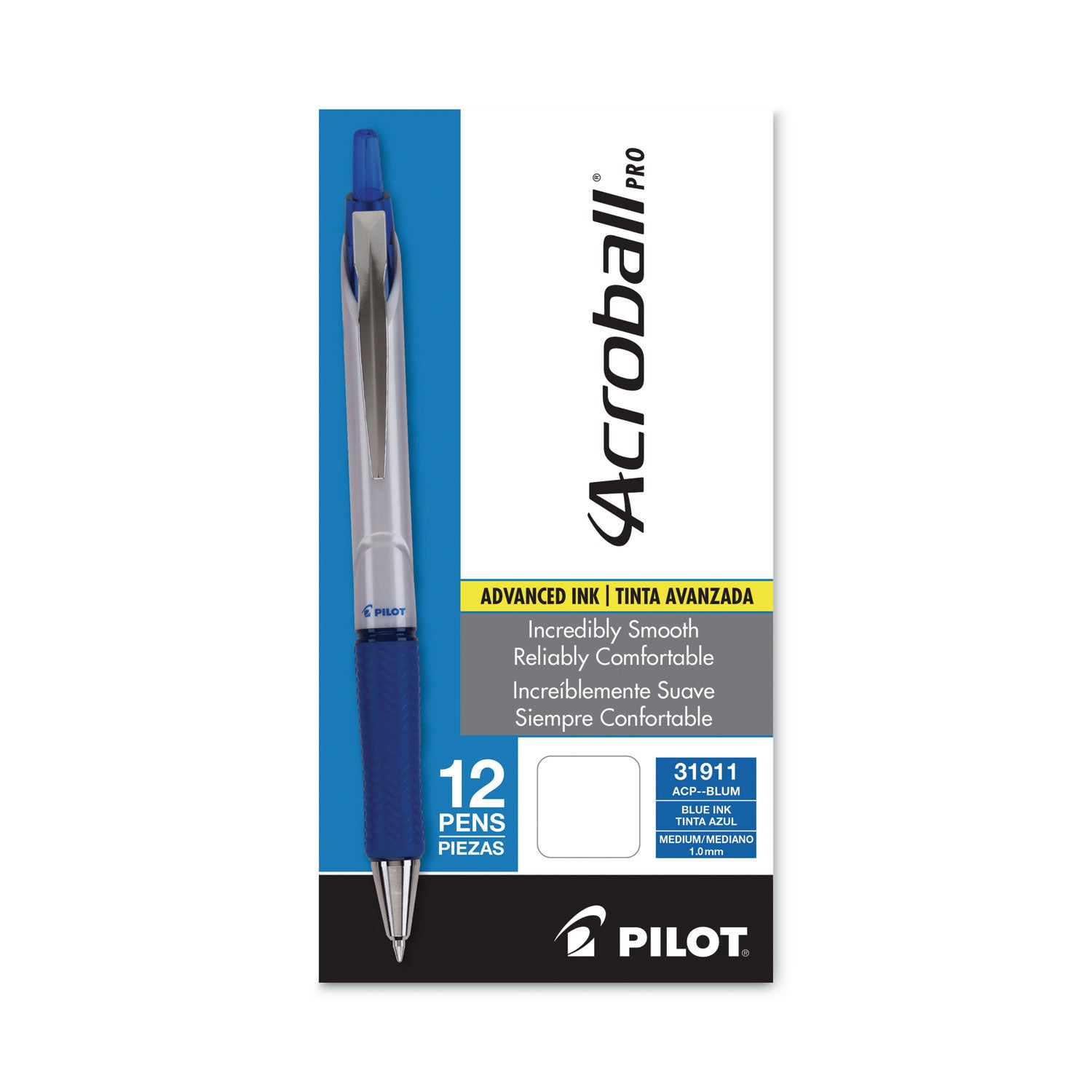 Pilot Hybrid Ink Ballpoint Pen - 1 mm Medium Pen Point - Refillable - Retractable - Blue Ink - Advanced Ink - Silver Barrel - Tungsten Carbide Tip - 1 Dozen