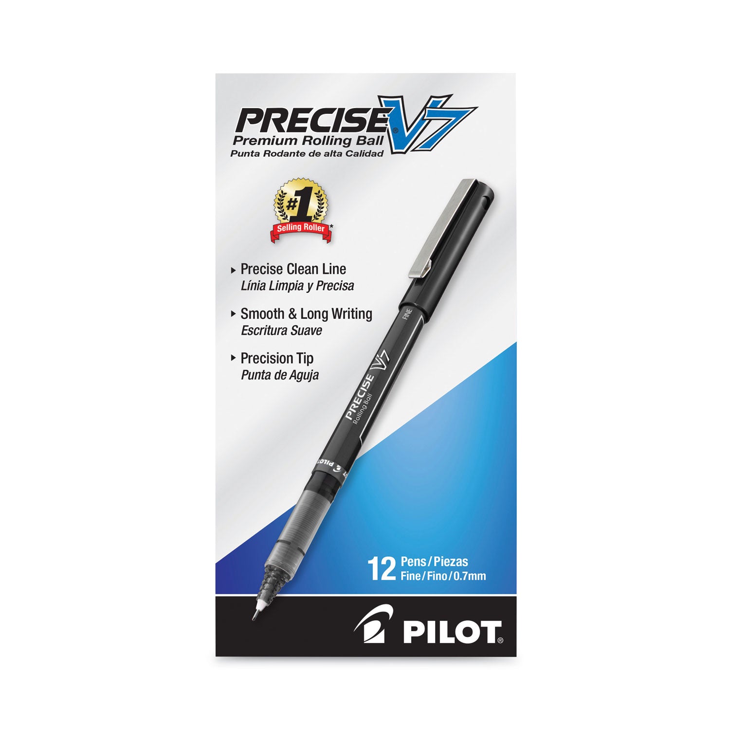 Pilot Precise V7 Fine Premium Capped Rolling Ball Pens - 0.7 mm Fine Pen Point - Black Ink - Black Plastic Barrel - 1 Dozen