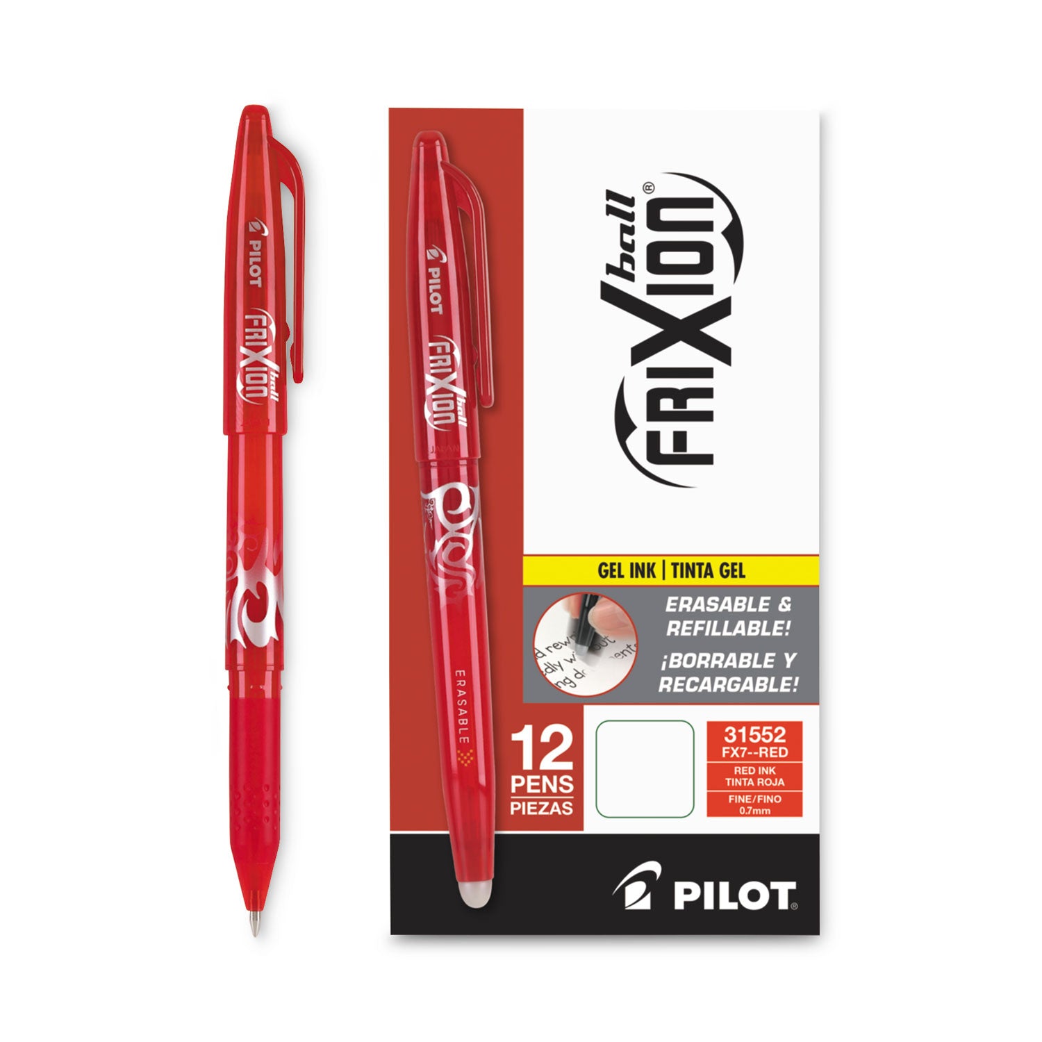 FriXion Gel Pens - 0.7 mm Fine Pen Point - Erasable - Red Ink - Gel-based - Red Barrel - Document, Writing - 1 Dozen