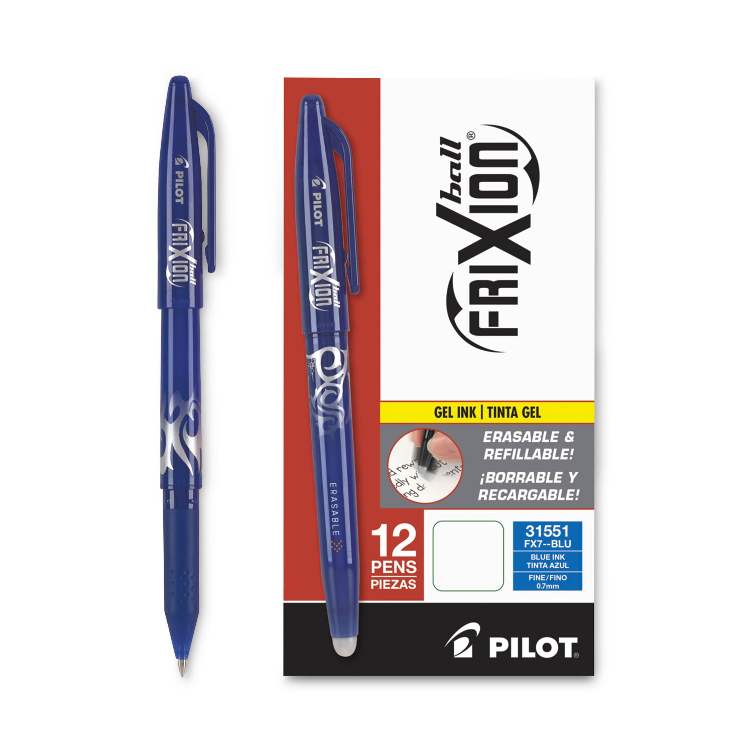 FriXion Gel Pens - 0.7 mm Fine Pen Point - Erasable - Blue Ink - Gel-based - Blue Barrel - Document, Writing - 1 Dozen