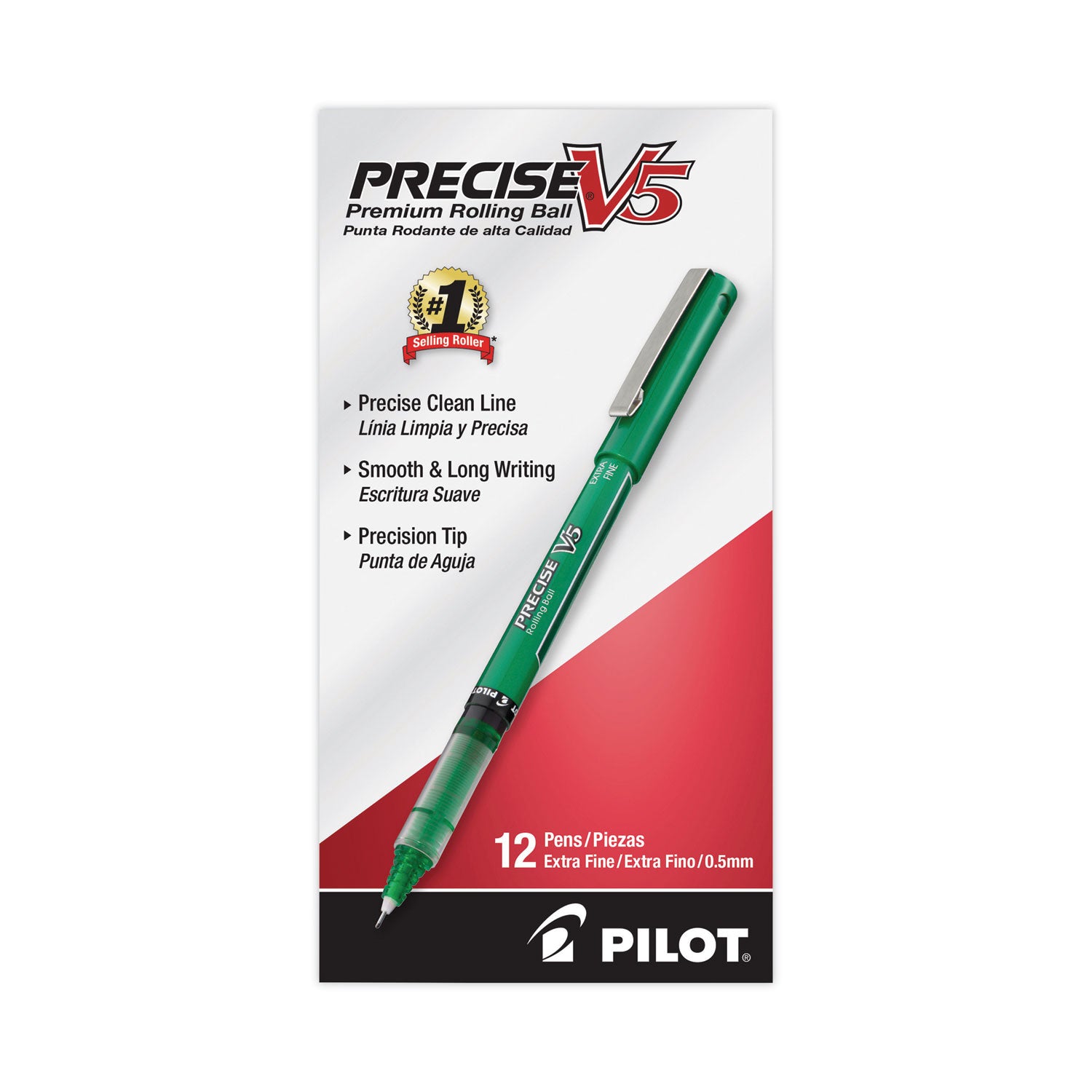 Pilot Precise V5 Extra-Fine Premium Capped Rolling Ball Pens - 0.5 mm Extra Fine Pen Point - Green Ink - Green Plastic Barrel - Writing - 1 Dozen