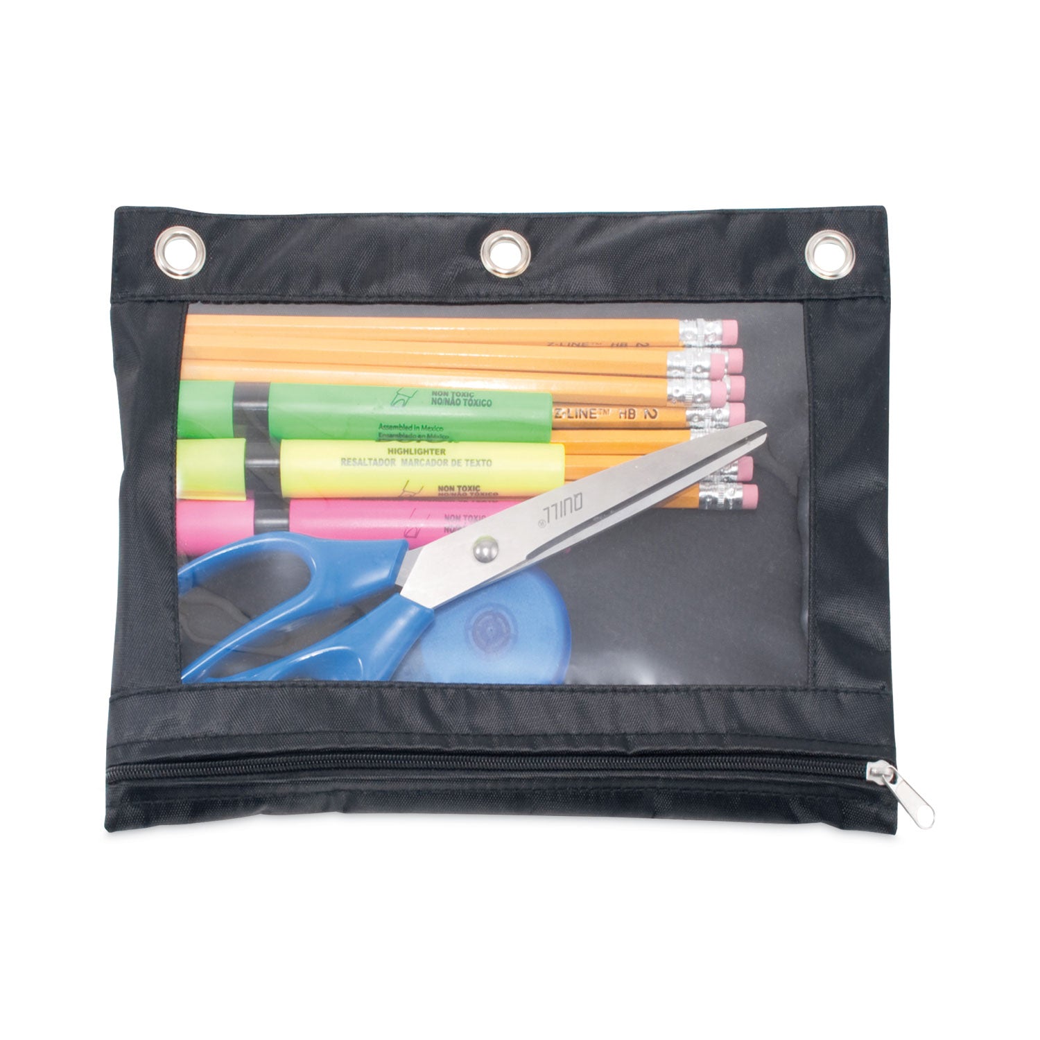 Binder Pencil Pouch, 3-Hole Punched, 10" x 7.38", Black/Clear, 3/Pack