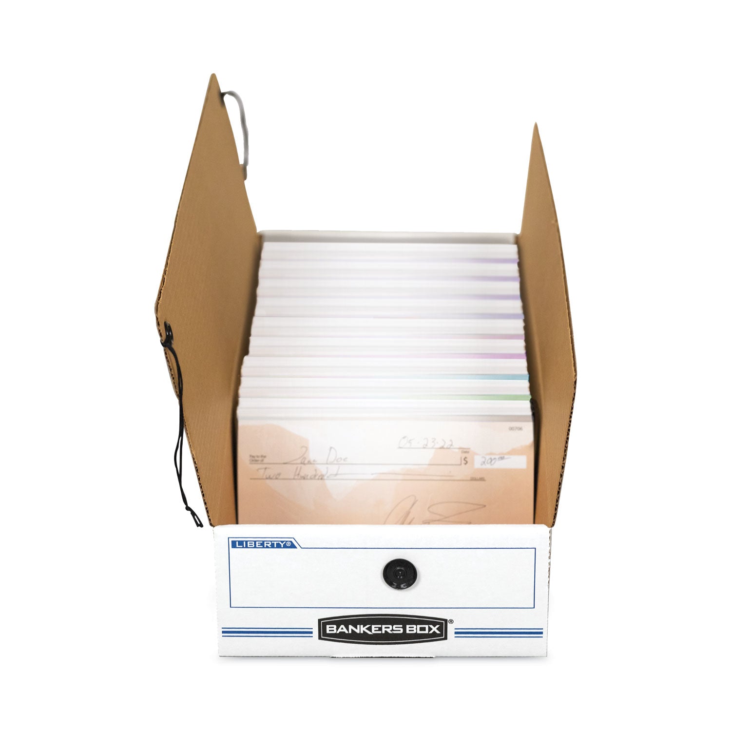 Bankers Box Liberty Check and Form Boxes, String/Button Tie Closure, Light Duty, Stackable, Fiberboard, White/Blue, 9" x 23" x 4", 12/Carton