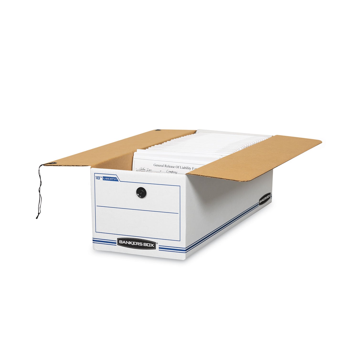 Bankers Box Liberty Check and Form Boxes, Medium Duty, String/Button Tie Closure, Stackable, Fiberboard, White/Blue, 8.75" x 23.75" x 7" (Internal), 12/Carton