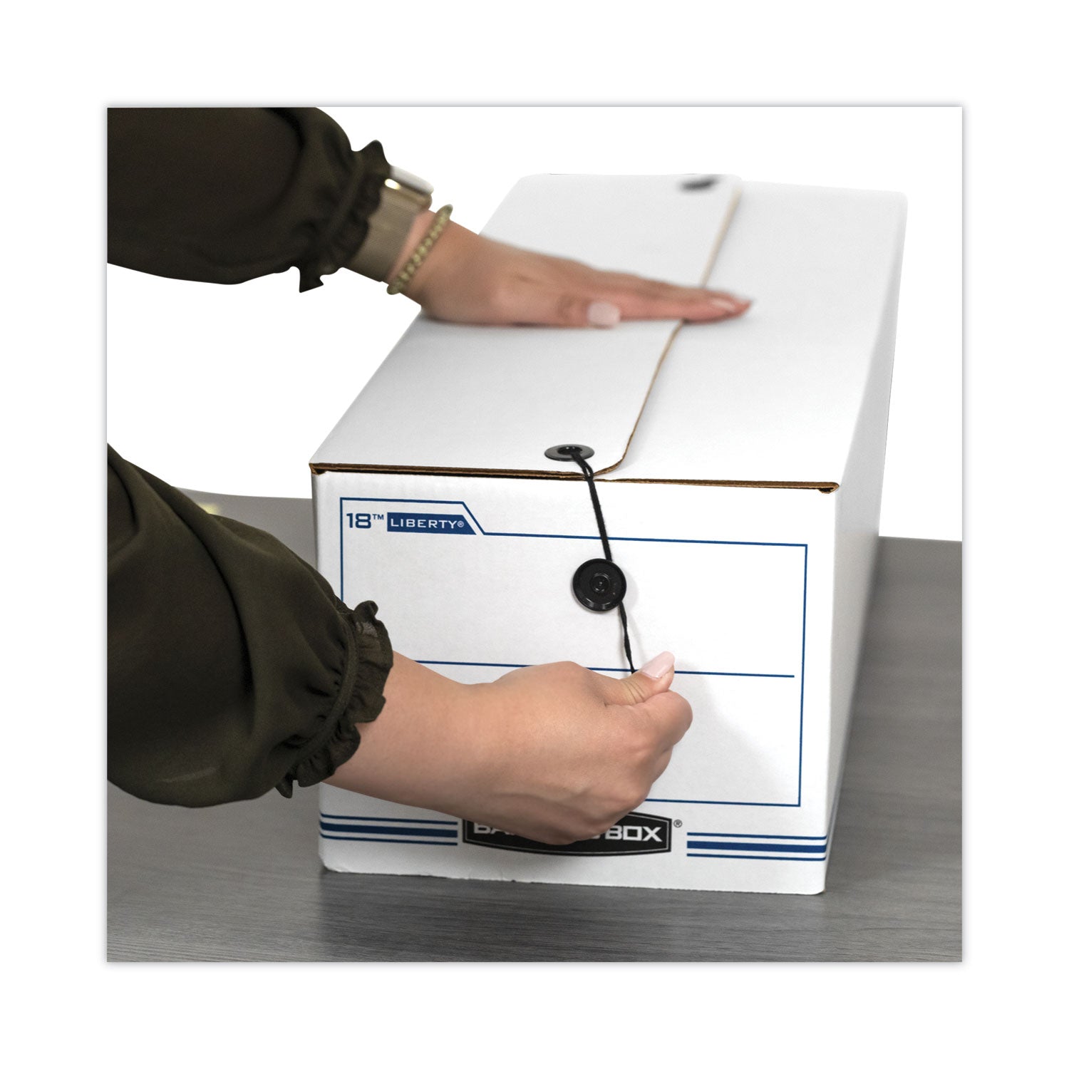 Bankers Box Liberty Check and Form Boxes, String/Button Tie Closure, Light Duty, Stackable, Fiberboard, White/Blue, 12 per Carton