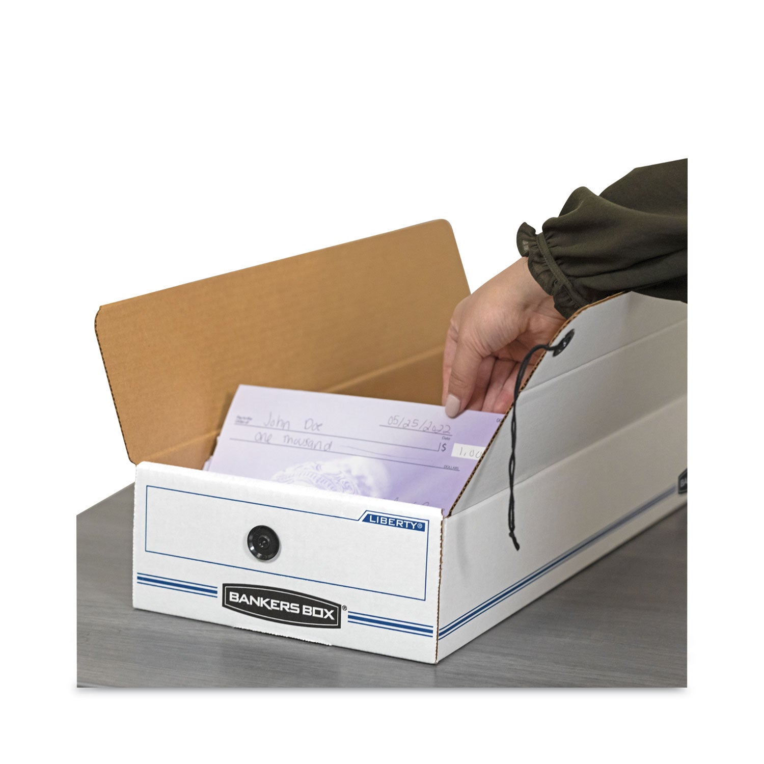 Bankers Box Liberty Check and Form Boxes, String/Button Tie Closure, Light Duty, Stackable, Fiberboard, White/Blue, Recycled, 12 per Carton