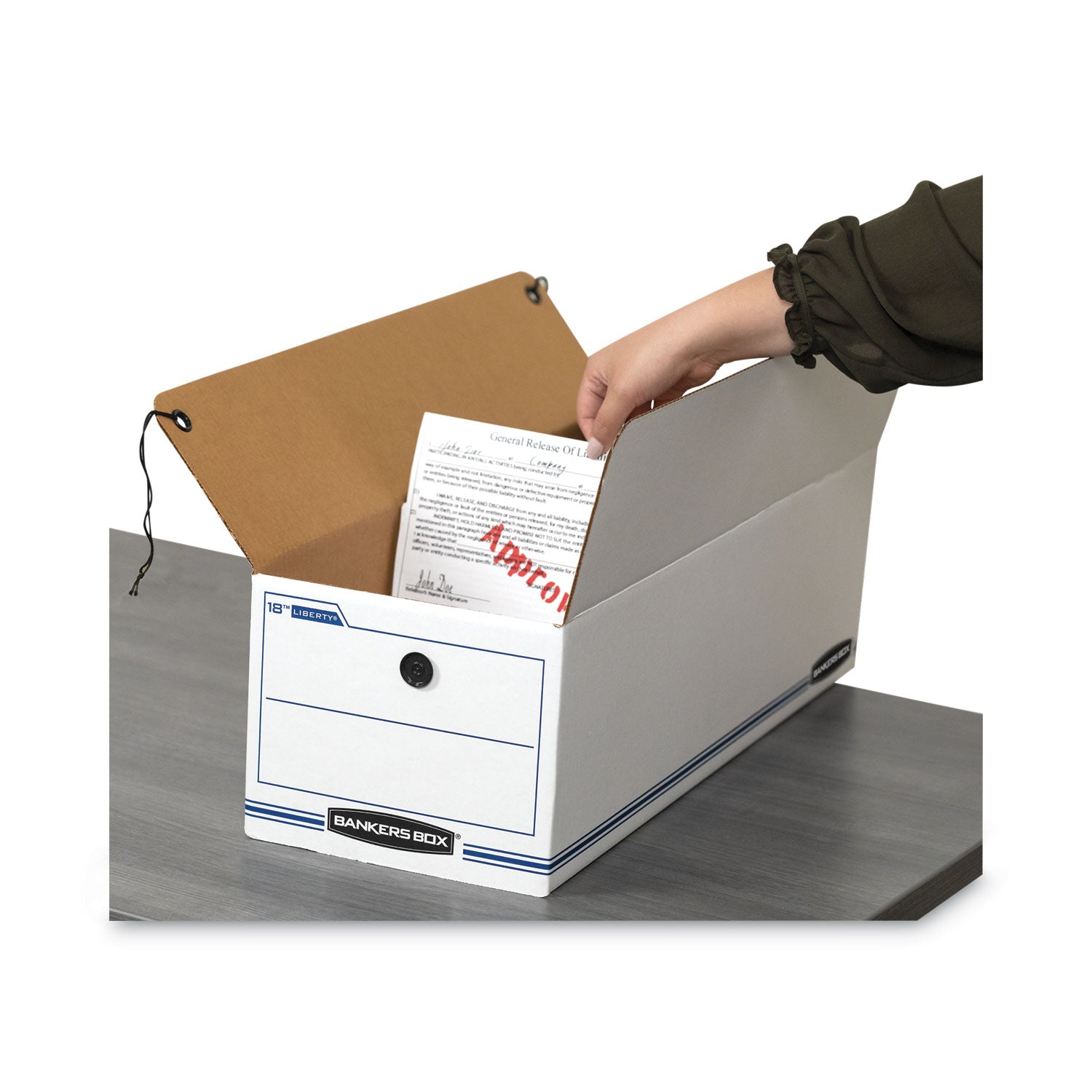 Bankers Box Liberty Check and Form Boxes, Medium Duty, String/Button Tie Closure, Stackable, Fiberboard, White/Blue, 8.75" x 23.75" x 7" (Internal), 12/Carton