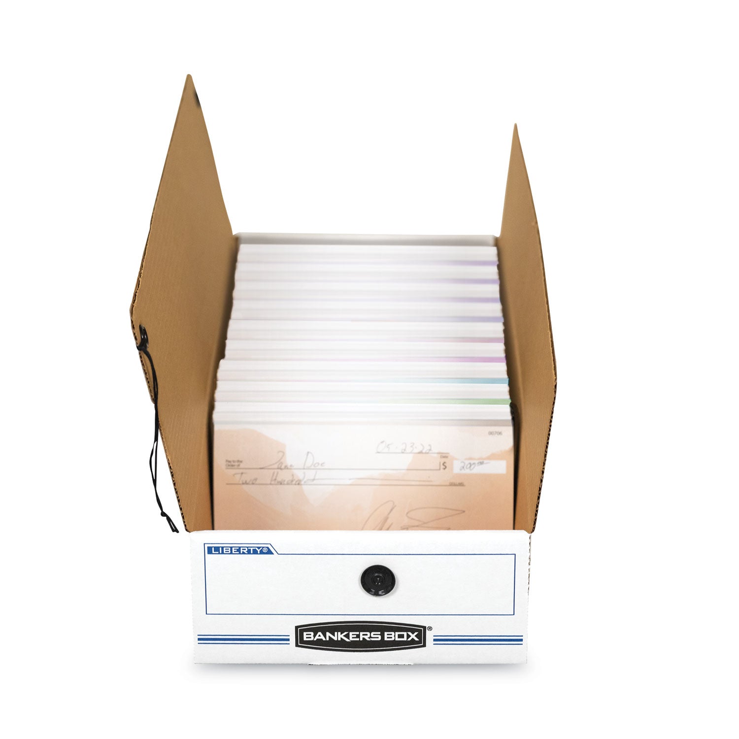 Bankers Box Liberty Check and Form Boxes, String/Button Tie Closure, Light Duty, Stackable, Fiberboard, White/Blue, 12 per Carton