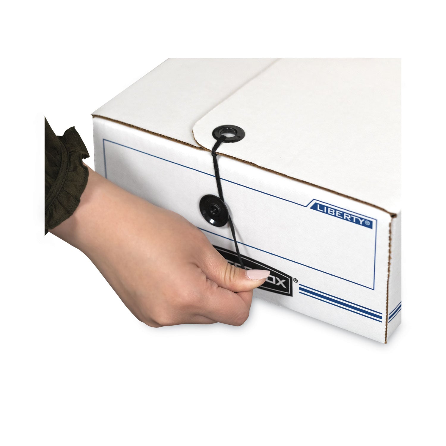 Bankers Box Liberty Check and Form Boxes, String/Button Tie Closure, Light Duty, Stackable, Fiberboard, White/Blue, 9" x 24" x 6.4", 12/Carton