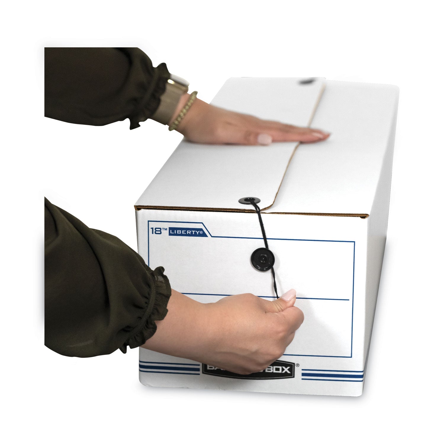 Bankers Box Liberty Check and Form Boxes, Medium Duty, String/Button Tie Closure, Stackable, Fiberboard, White/Blue, 8.75" x 23.75" x 7" (Internal), 12/Carton