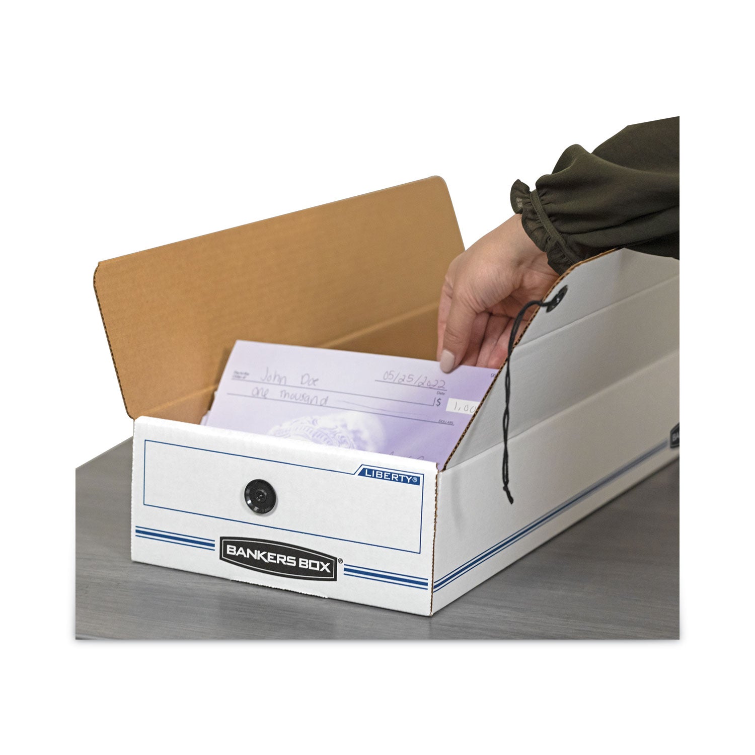 Bankers Box Liberty Check and Form Boxes, String/Button Tie Closure, Light Duty, Stackable, Fiberboard, White/Blue, 9" x 14.25" x 4", 12/Carton