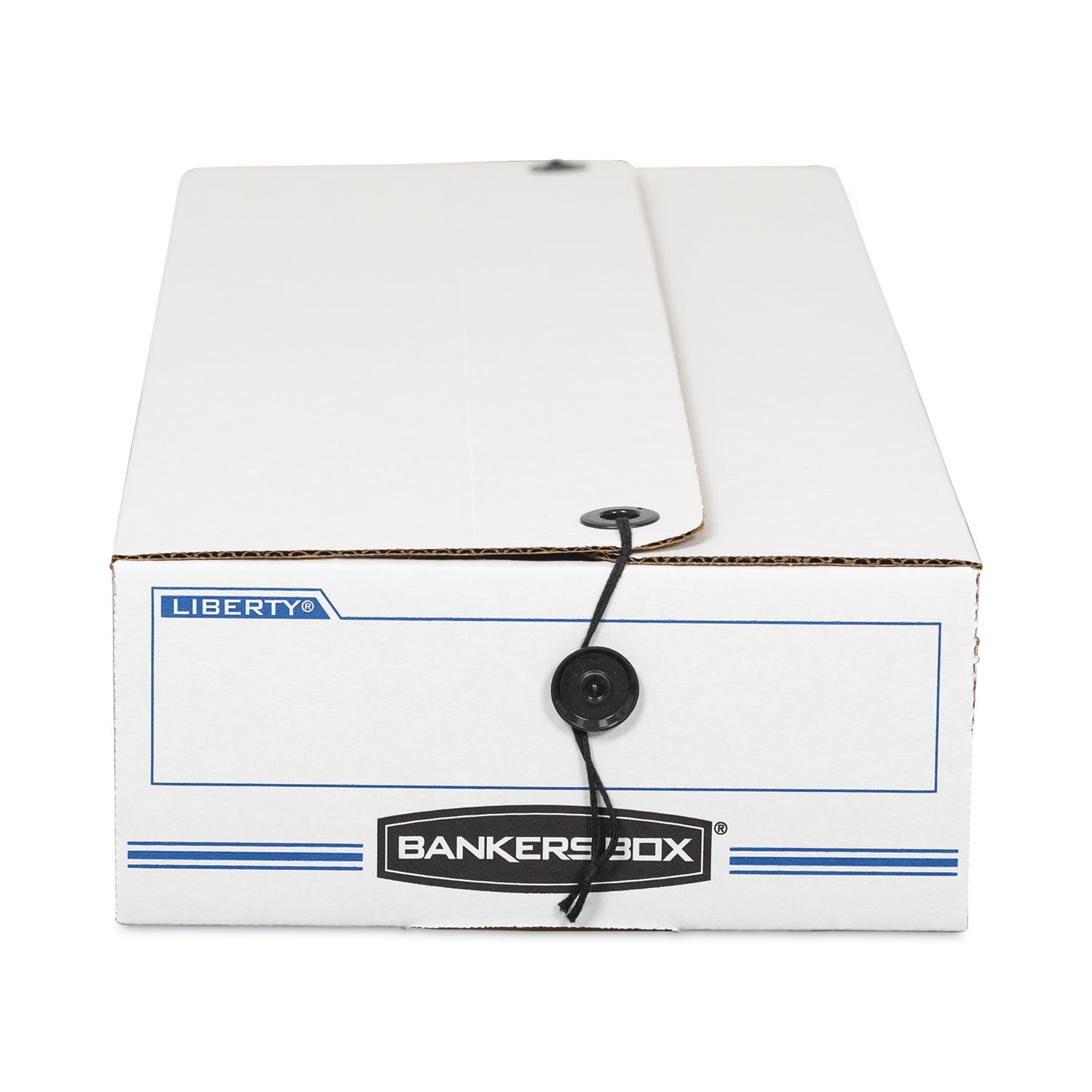 Bankers Box Liberty Check and Form Boxes, String/Button Tie Closure, Light Duty, Stackable, Fiberboard, White/Blue, 9.5" x 23.8" x 4.5", 12/Carton