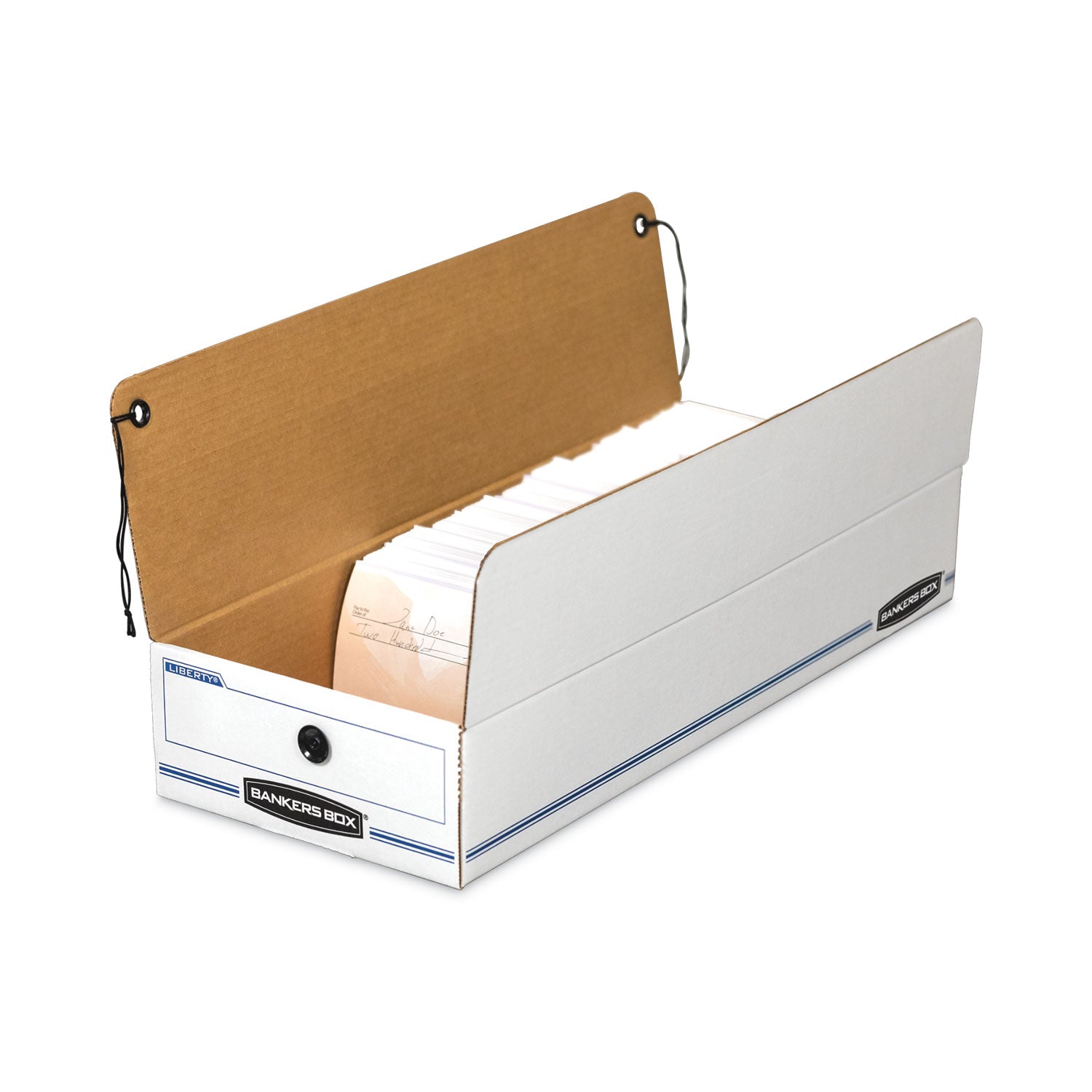 Bankers Box Liberty Check and Form Boxes, String/Button Tie Closure, Light Duty, Stackable, Fiberboard, White/Blue, 9.5" x 23.8" x 4.5", 12/Carton