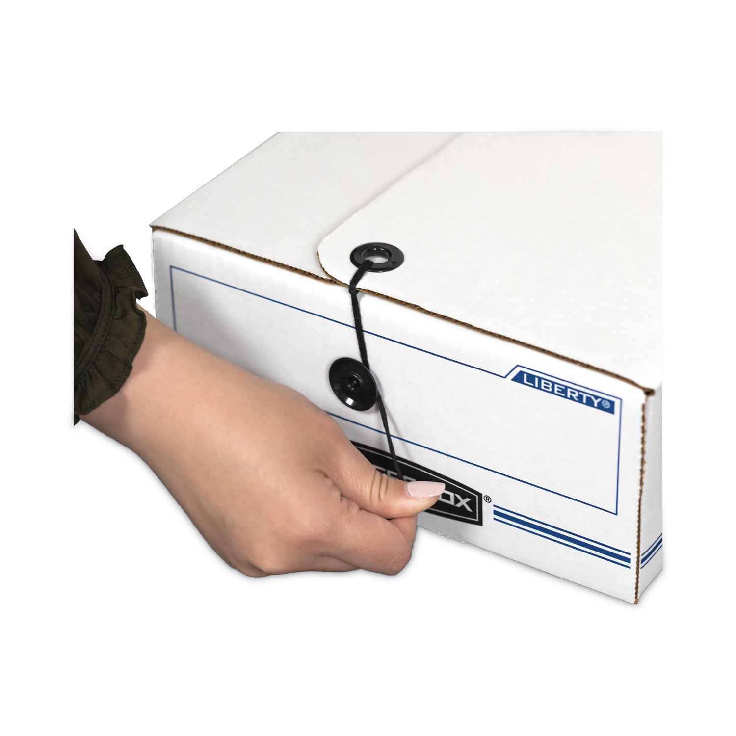 Bankers Box Liberty Check and Form Boxes, String/Button Tie Closure, Light Duty, Stackable, Fiberboard, White/Blue, 12 per Carton