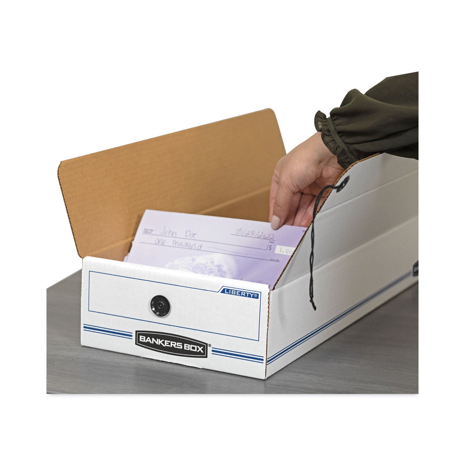 Bankers Box Liberty Check and Form Boxes, String/Button Tie Closure, Light Duty, Stackable, Fiberboard, White/Blue, 12 per Carton