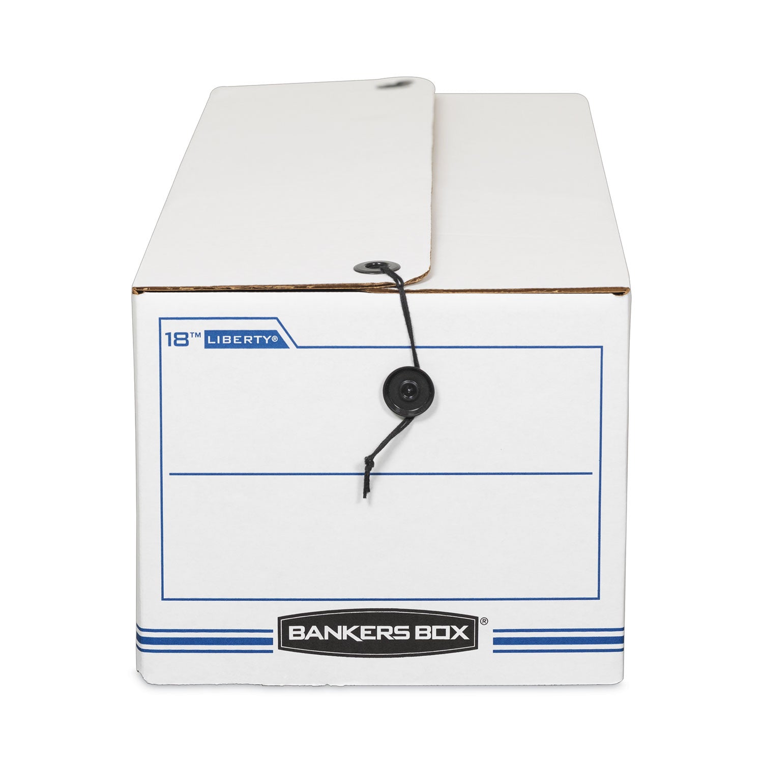 Bankers Box Liberty Check and Form Boxes, Medium Duty, String/Button Tie Closure, Stackable, Fiberboard, White/Blue, 8.75" x 23.75" x 7" (Internal), 12/Carton