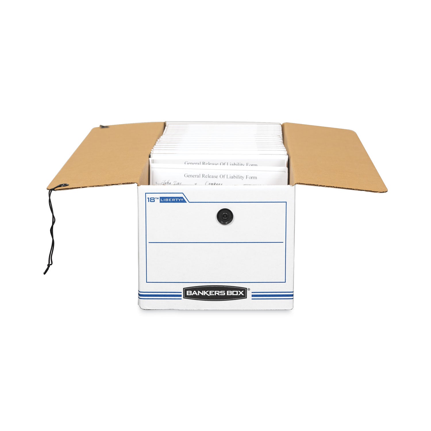 Bankers Box Liberty Check and Form Boxes, Medium Duty, String/Button Tie Closure, Stackable, Fiberboard, White/Blue, 8.75" x 23.75" x 7" (Internal), 12/Carton