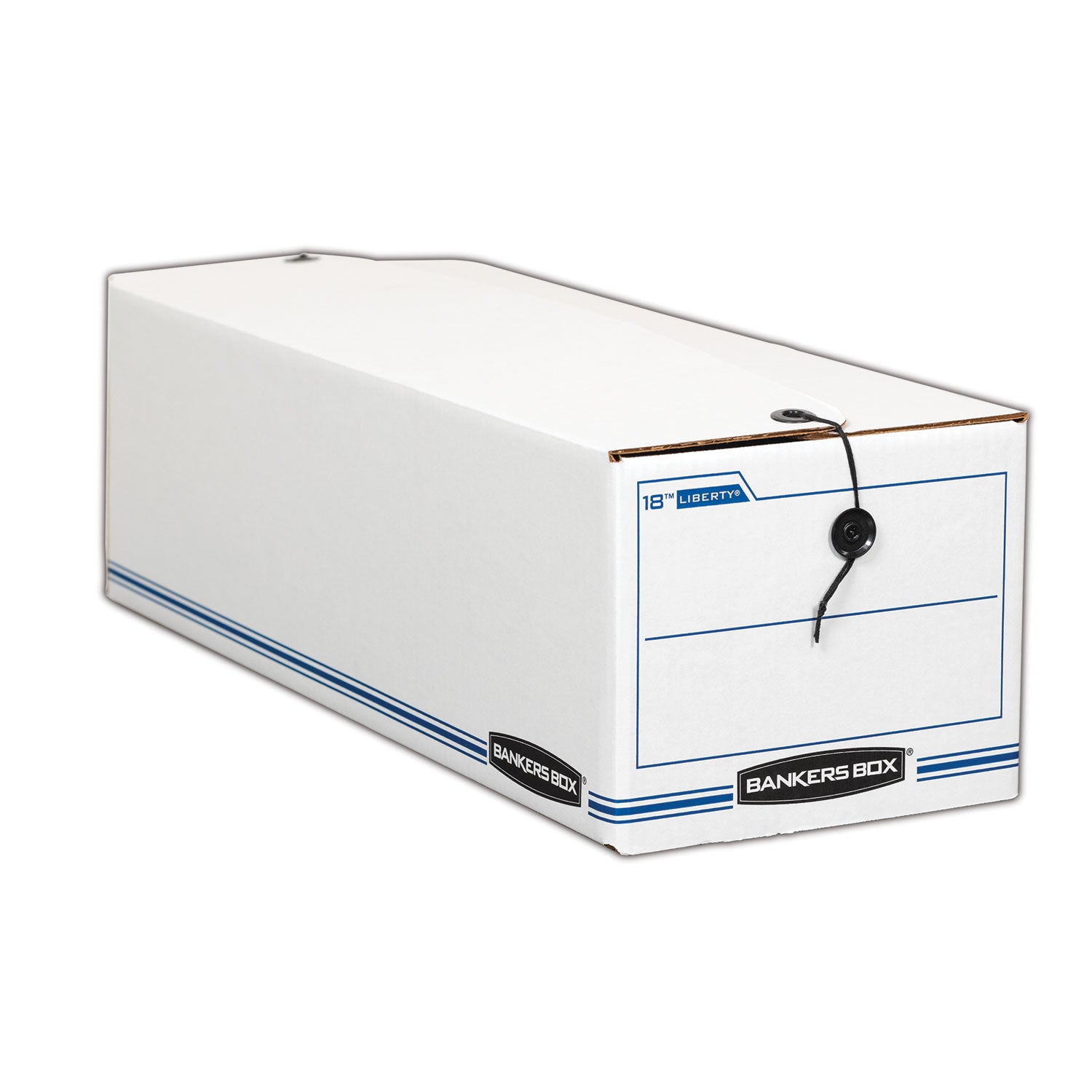 Bankers Box Liberty Check and Form Boxes, Medium Duty, String/Button Tie Closure, Stackable, Fiberboard, White/Blue, 8.75" x 23.75" x 7" (Internal), 12/Carton
