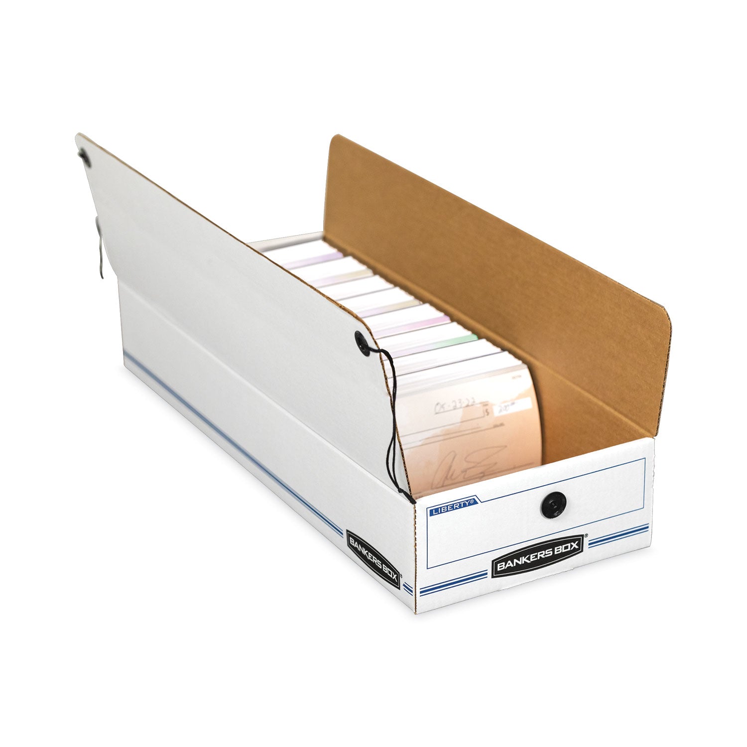 Bankers Box Liberty Check and Form Boxes, String/Button Tie Closure, Light Duty, Stackable, Fiberboard, White/Blue, 9" x 23" x 4", 12/Carton