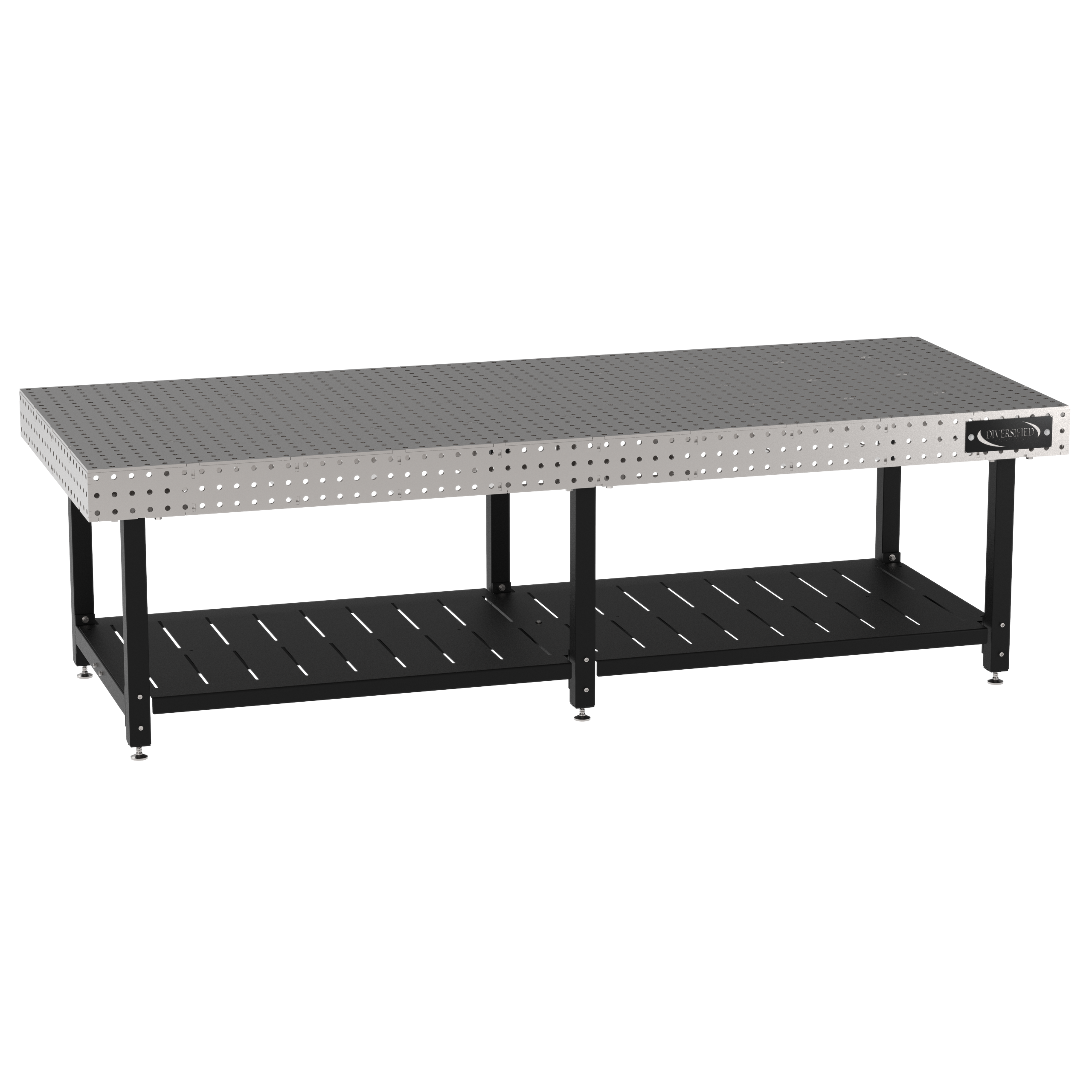 Welding Fixture Table, Fixed Height, 36"H x 120"L x 48"D, 1/4" Carbon Steel Top, Six Black Powdercoat Legs, Shelf, Self-Leveling Feet
