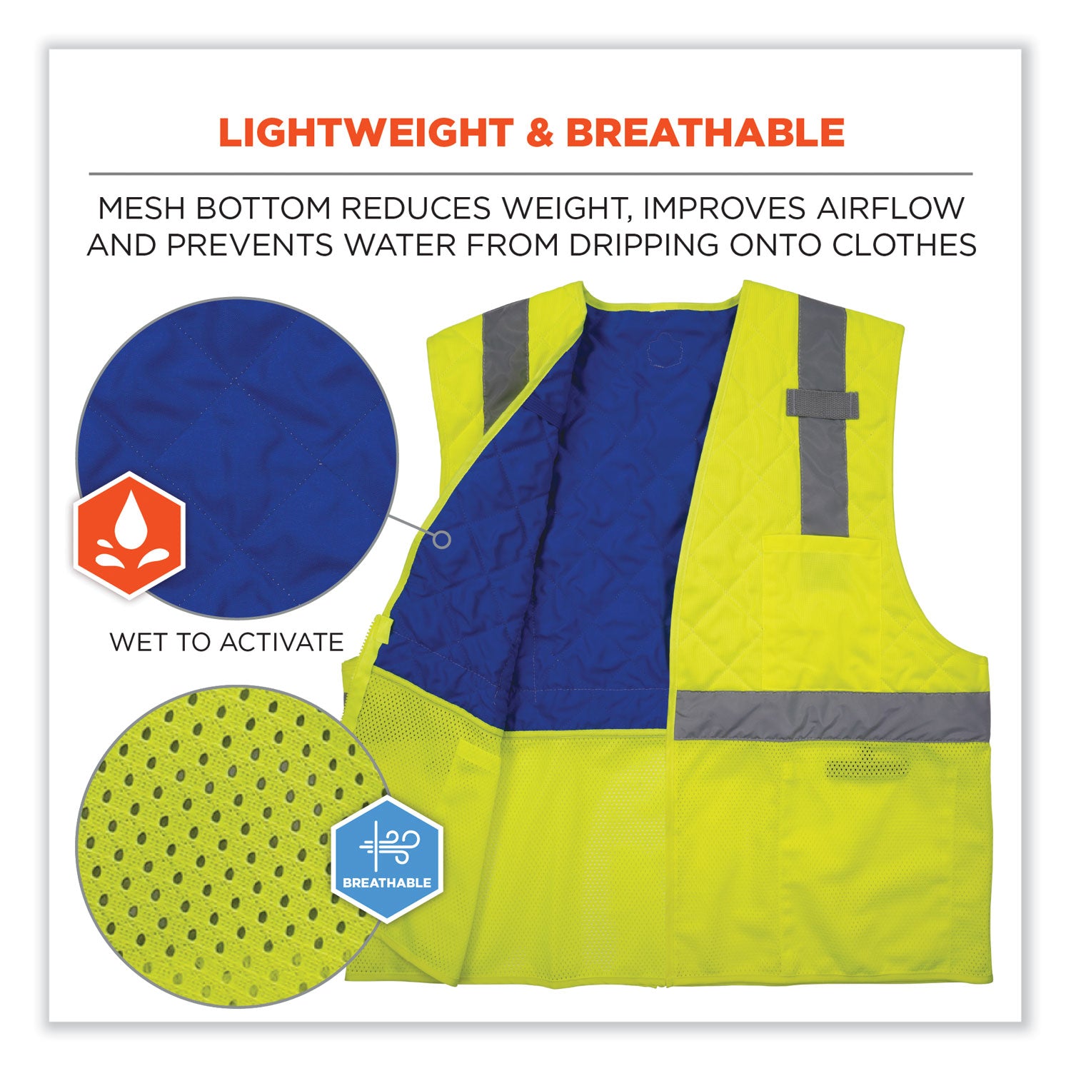 Ergodyne Chill-Its 6668 Hi-Vis Safety Cooling Vest, X-Large, Lime, Zipper Closure, 2 Pockets, Polyester/Nylon, Lightweight, Breathable, Reflective Strap, Water Repellent, 1 Each