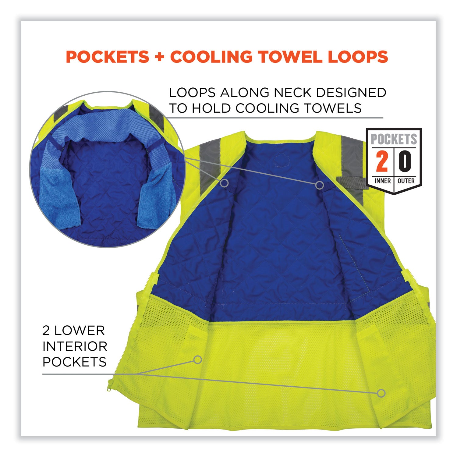 Ergodyne Chill-Its 6668 Hi-Vis Safety Cooling Vest, X-Large, Lime, Zipper Closure, 2 Pockets, Polyester/Nylon, Lightweight, Breathable, Reflective Strap, Water Repellent, 1 Each