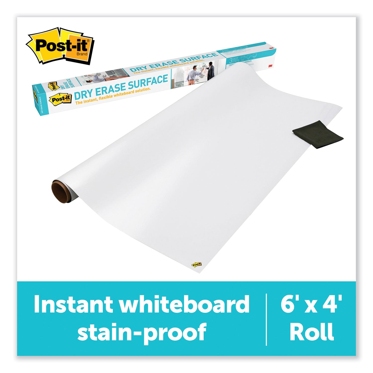 Post-it Self-Stick Dry-Erase Film Surface, 48" x 72", White, Rectangle, Flexible, Stain Resistant, Self-stick, 1 Pack