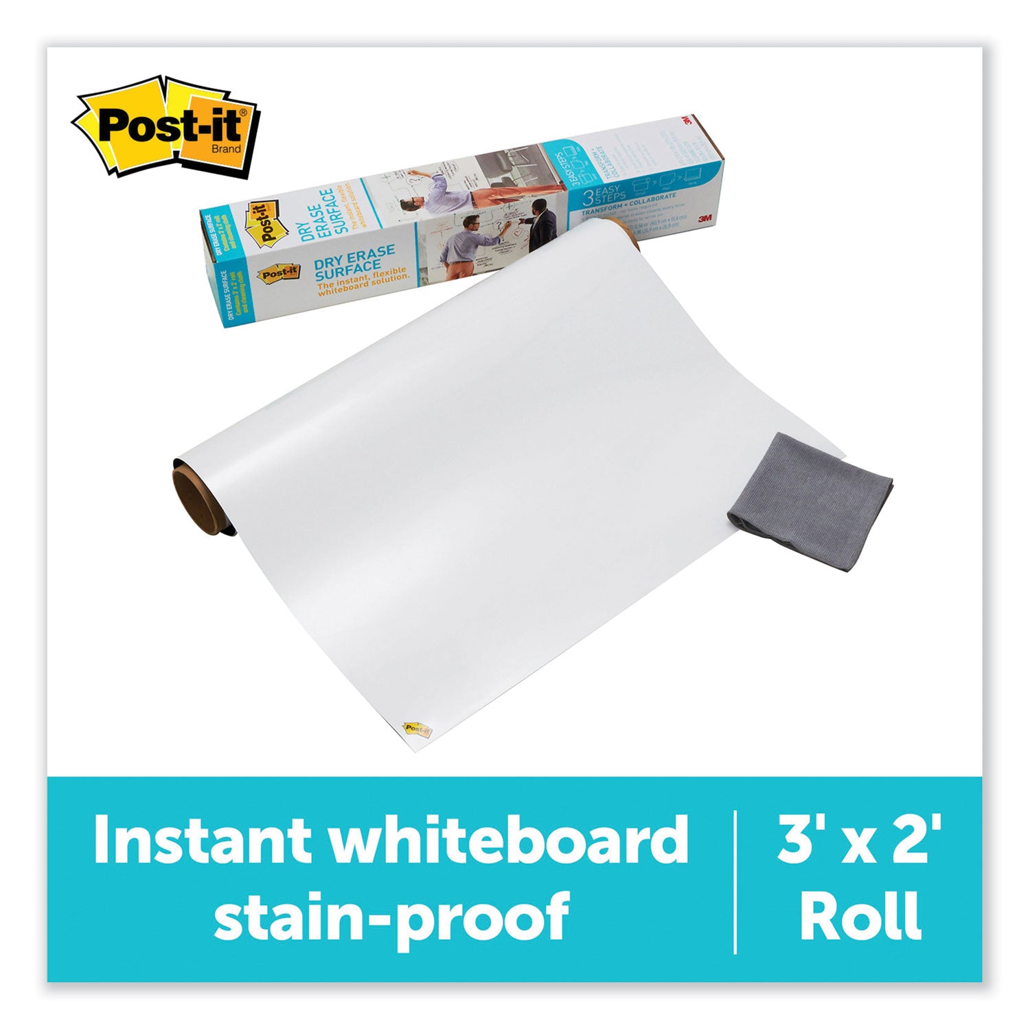 Post-it® Self-Stick Dry-Erase Film Surface, White, 24" x 36", Rectangle, Flexible, Stain Resistant, Self-stick, 1 Pack
