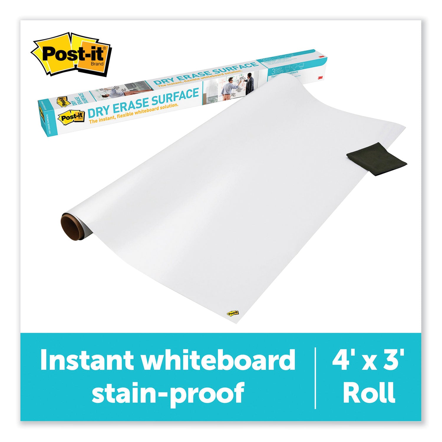 Post-it Self-Stick Dry-Erase Film Surface, White, 36" x 48", Flexible, Stain Resistant, Self-stick, Rectangle, 1 Pack