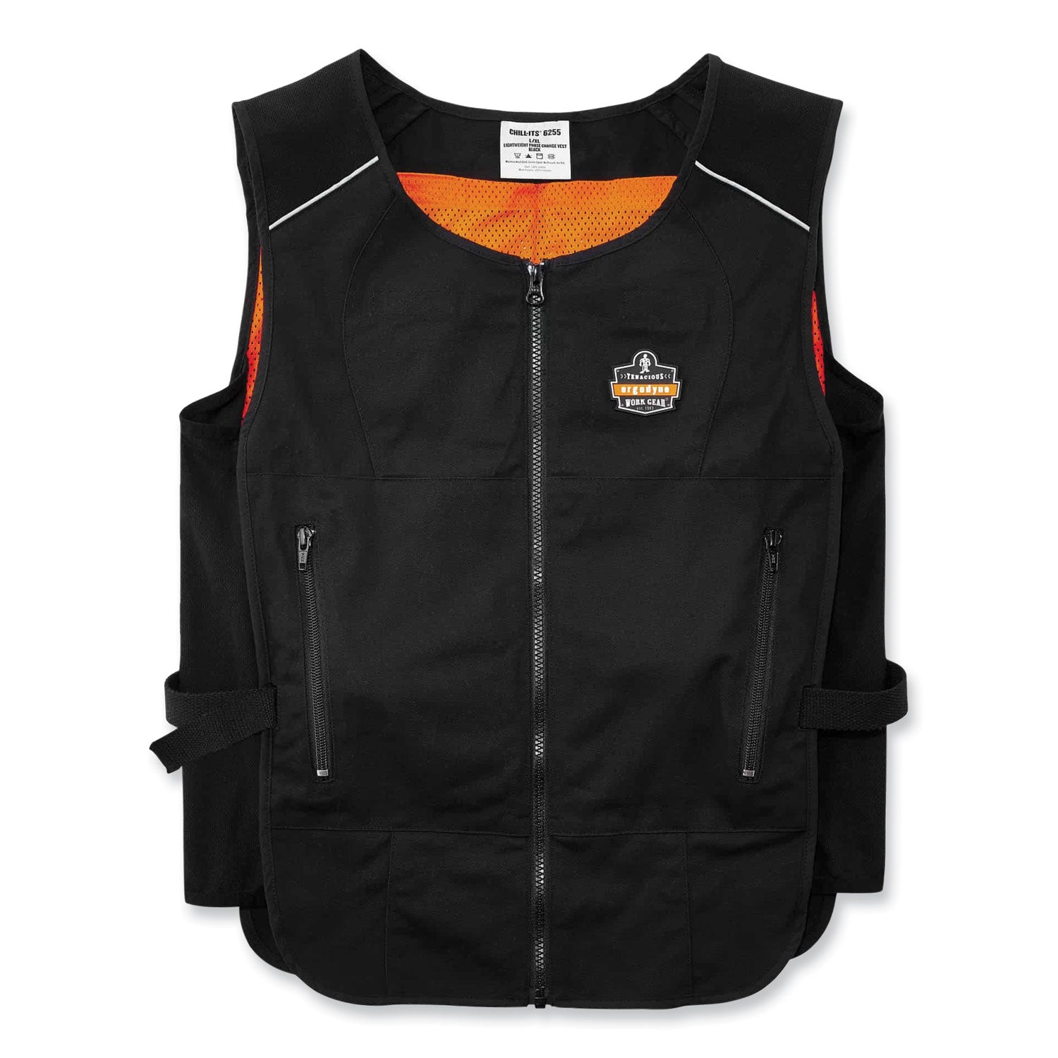 Ergodyne 6260 Safety Vest - Recommended for: Pulp & Paper, Motorcycle, Biking, Indoor, Outdoor - Large/Extra Large - Zipper Closure - Polyester, Cotton - Black - Lightweight, Flexible, Adjustable, Heavy Duty, Pocket, Long Lasting - 1 Each