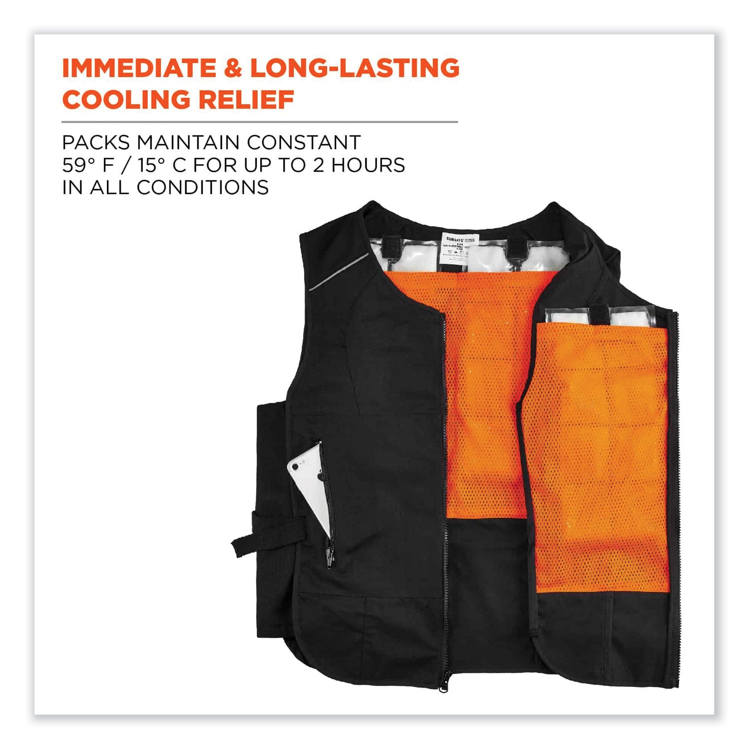 Ergodyne 6260 Safety Vest - Recommended for: Pulp & Paper, Motorcycle, Biking, Indoor, Outdoor - Large/Extra Large - Zipper Closure - Polyester, Cotton - Black - Lightweight, Flexible, Adjustable, Heavy Duty, Pocket, Long Lasting - 1 Each