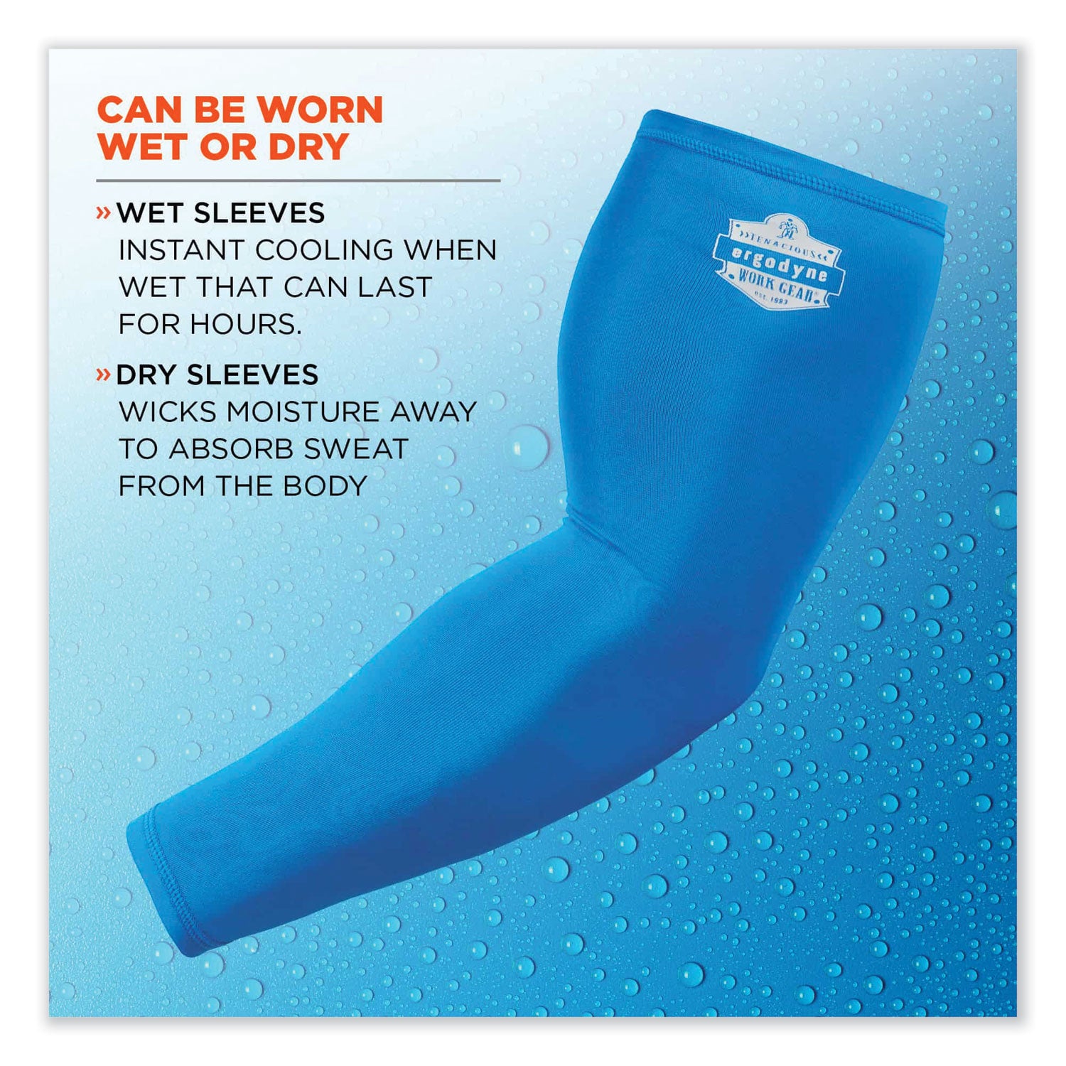 Ergodyne 6690 Cooling Arm Sleeves, Large, 16.90" Length, Blue, Fabric, Durable, Comfortable, UV Protection, Abrasion Resistant, Moisture Wicking, Anti-odor, Machine Washable, Chemical-free, Stretchable, 1 Pair
