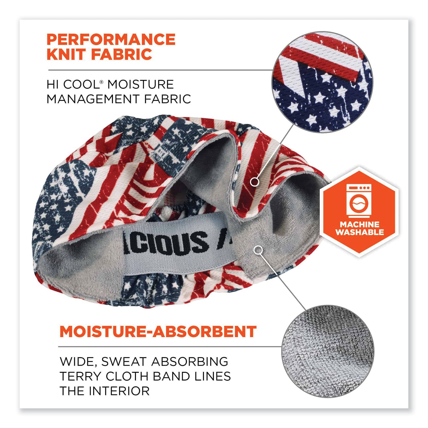 Ergodyne 6630 Skull Cap, Terry Cloth, Stars & Stripe Pattern, Fabric and Elastic, Moisture Absorbent, Stretchable, Comfortable, Machine Washable, 6 per Carton