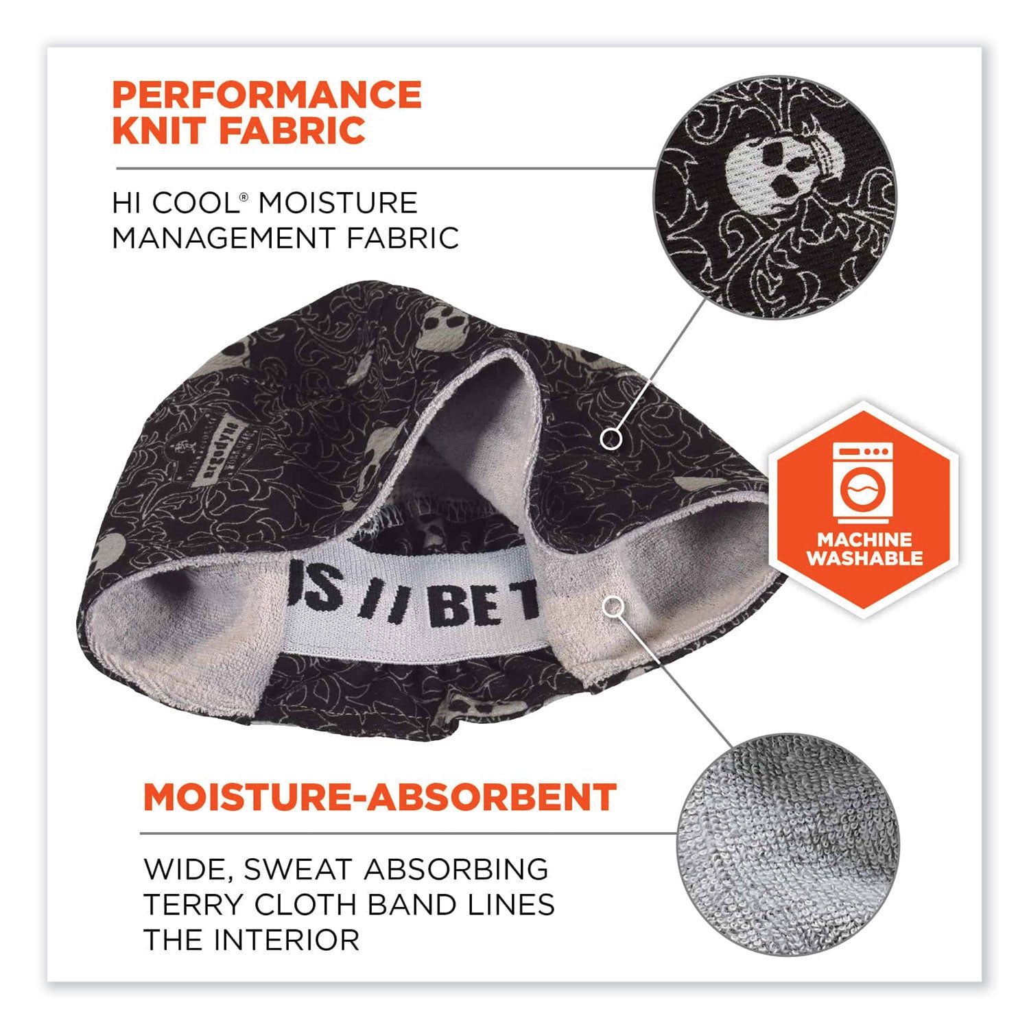 Ergodyne 6630 Skull Cap, Terry Cloth, Fabric and Elastic, Moisture Absorbent, Stretchable, Comfortable, Machine Washable, 6 per Carton