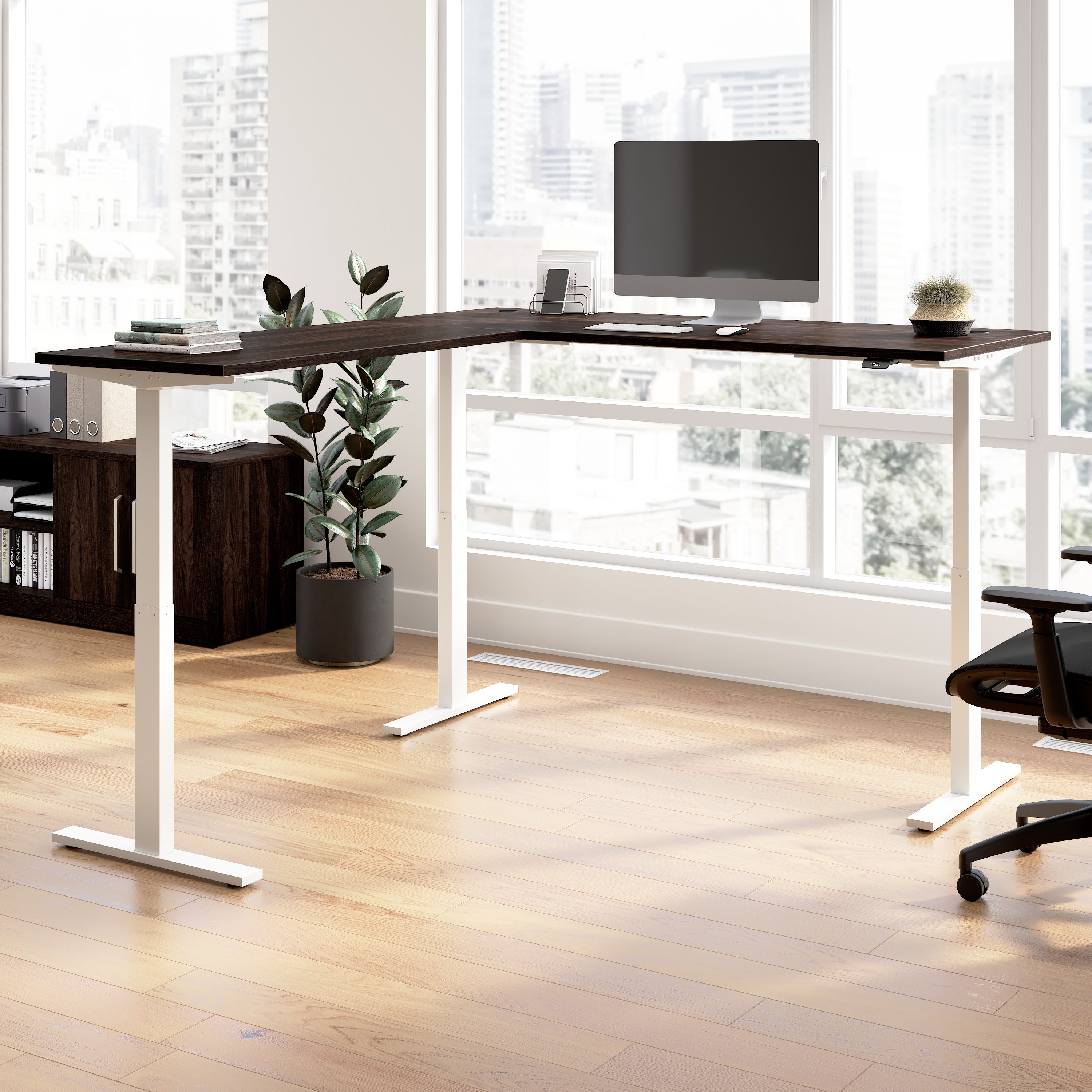 Bush Business Furniture Move 60 Series 72W Height Adjustable L Shaped Standing Desk in Black Walnut with White Base - 71.02" Width x 76.97" Depth x 27.44" Height