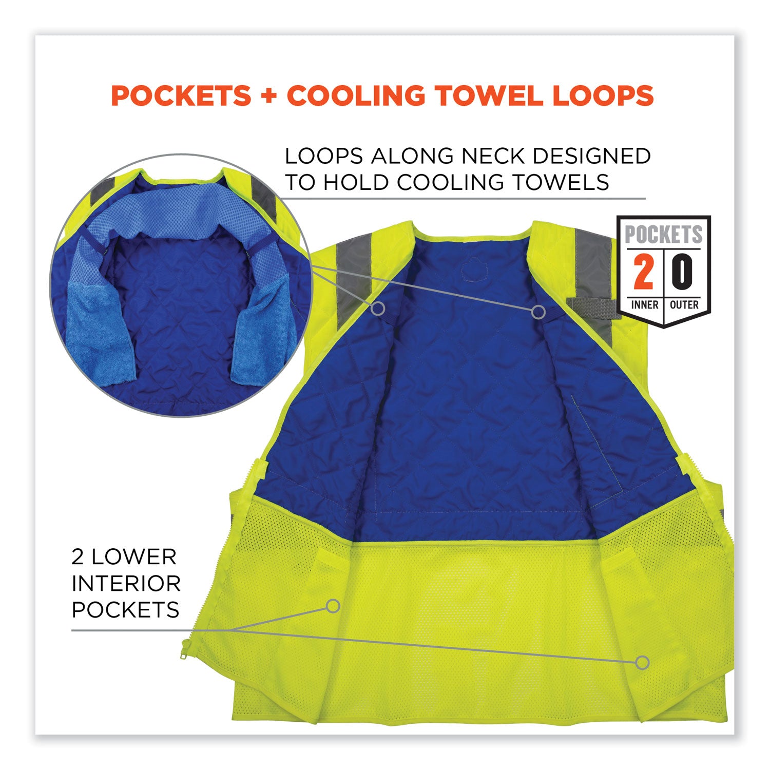 Ergodyne Chill-Its 6668 Hi-Vis Safety Cooling Vest, Medium, Lime, Zipper Closure, 2 Pockets, Polyester/Nylon, Lightweight, Breathable, Reflective Strap, Water Repellent, 1 Each