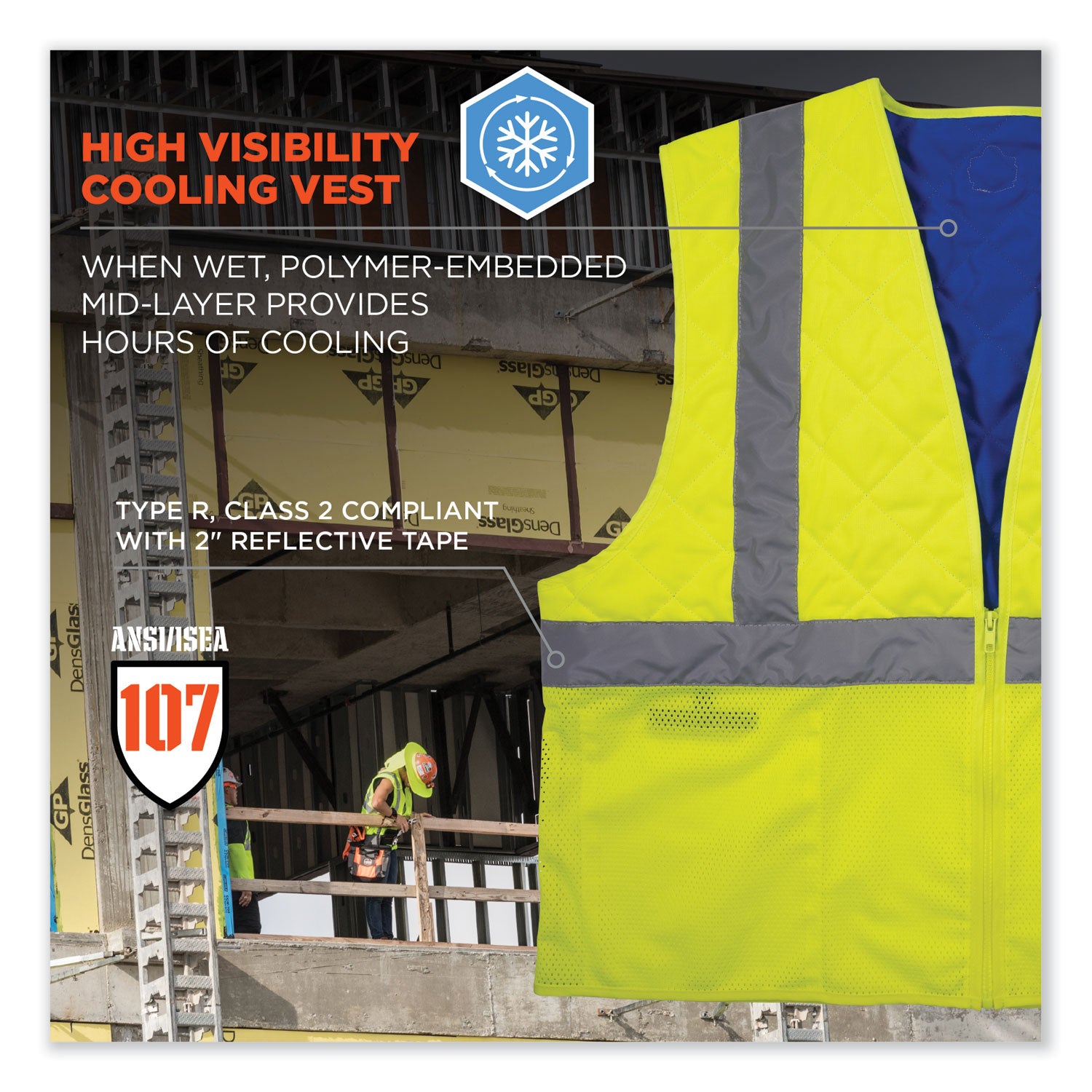 Ergodyne Chill-Its 6668 Hi-Vis Safety Cooling Vest, Large, Lime, Zipper Closure, 2 Pockets, Polyester/Nylon, Lightweight, Breathable, Reflective Strap, Water Repellent, 1 Each